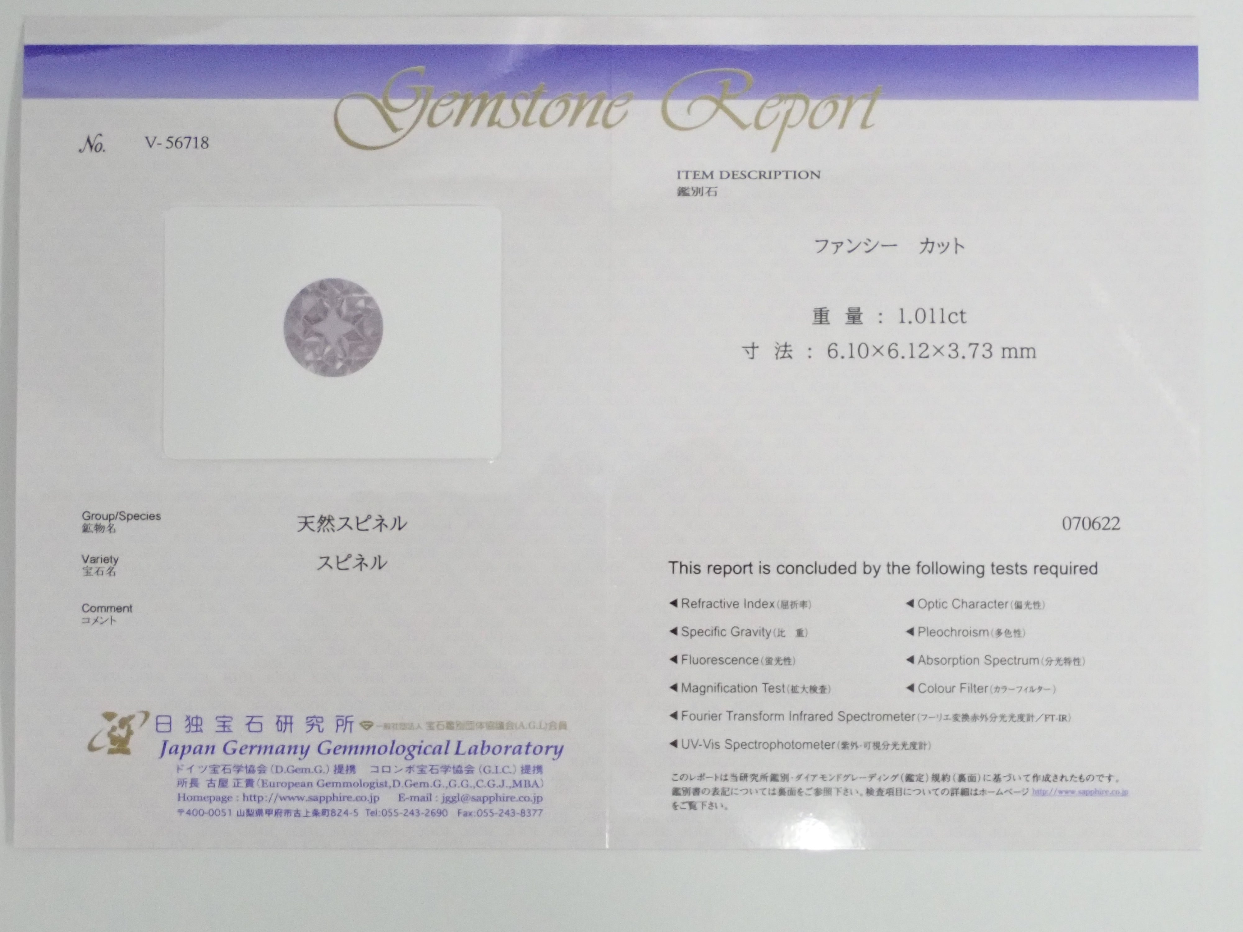 【ダンデライオンカット】グレイパープルスピネル 6mm/1.011ctルース《コラボ》 日独鑑 ワッペン付