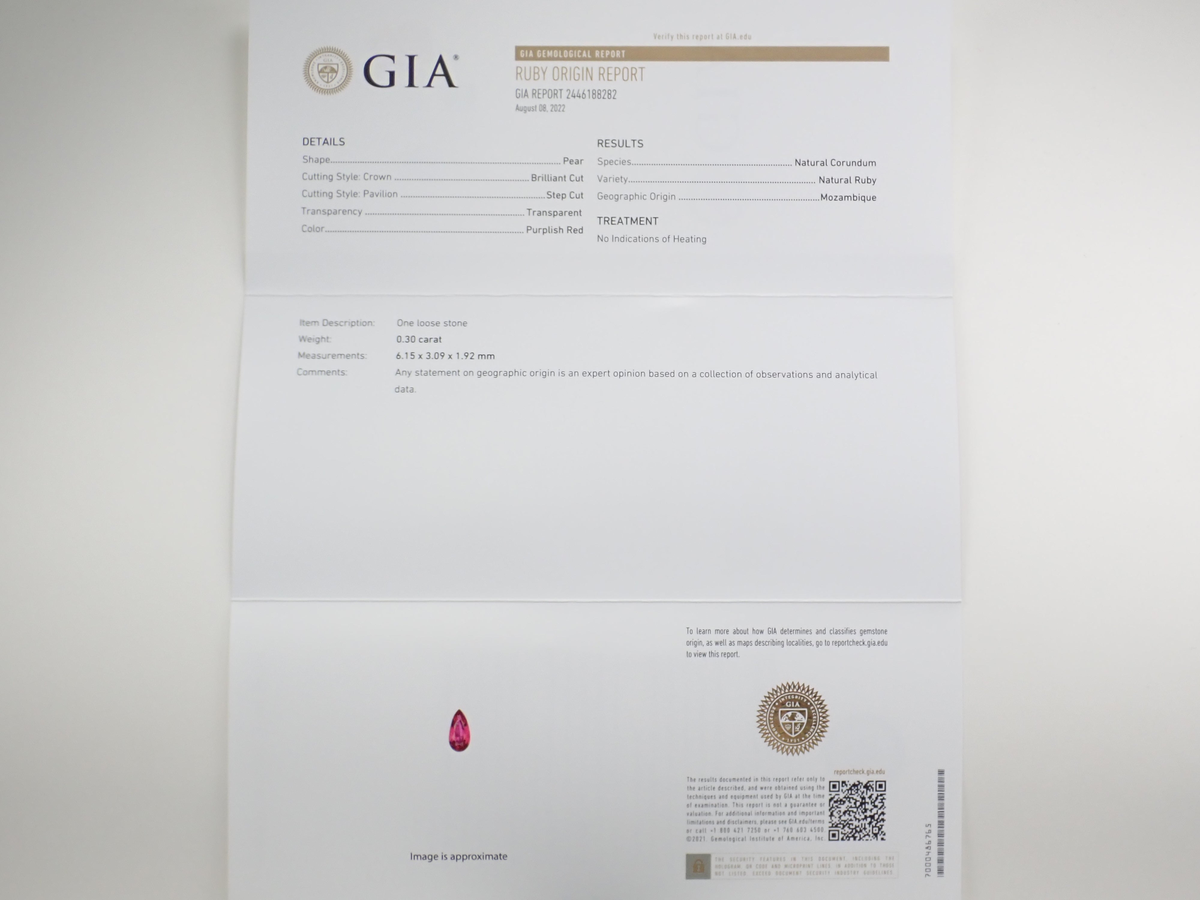 モザンビーク産非加熱ルビー 0.30ctルース GIA