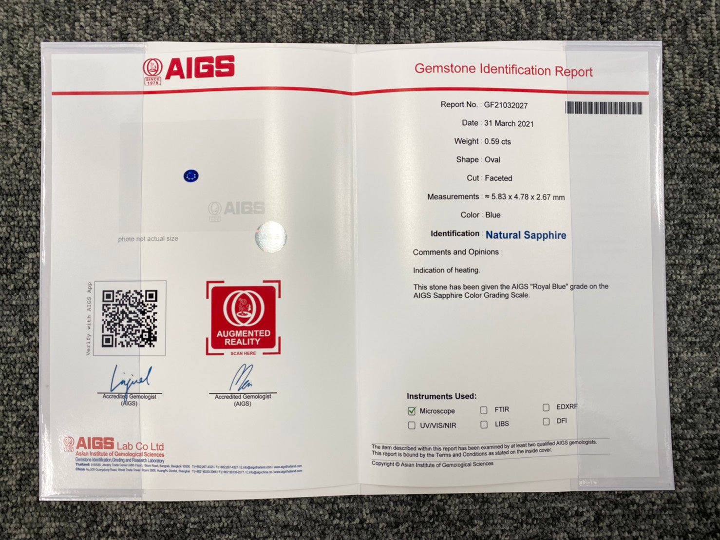 寶藍色藍寶石 0.59 克拉裸石,附 AIGS