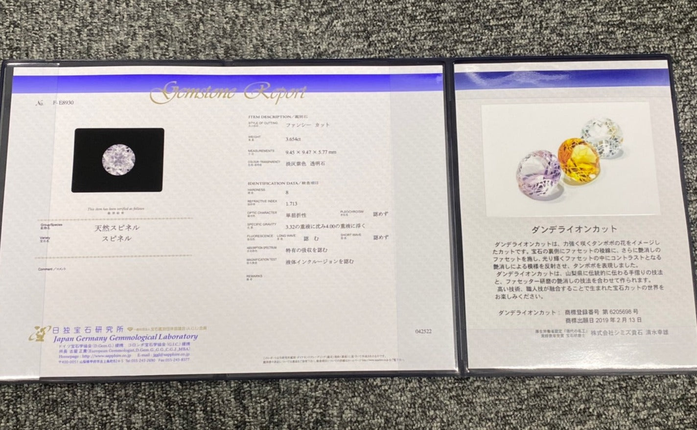【ダンデライオンカット】カラーレススピネル 9.5mm/3.650ctルース 日独鑑&ワッペン