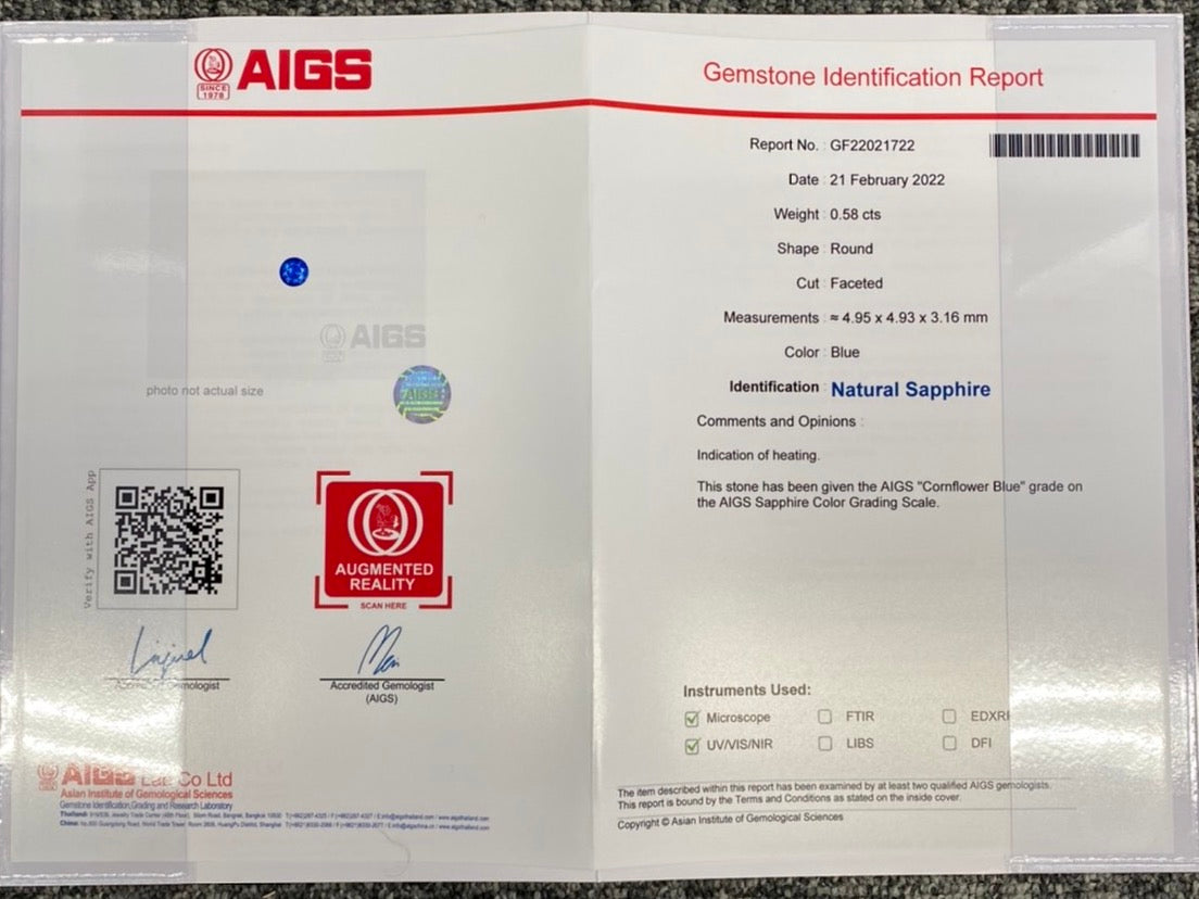 コーンフラワーブルーサファイア 0.58ctルース AIGS