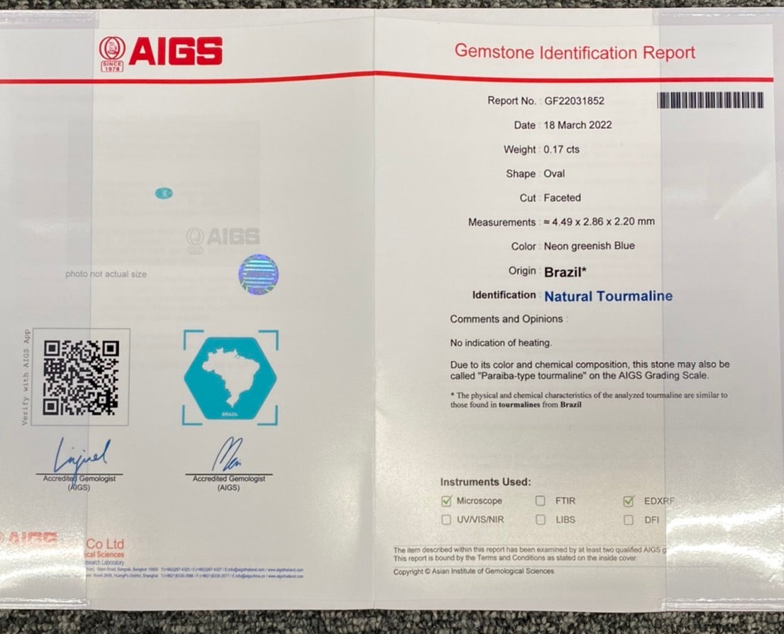 非加熱ブラジル産パライバトルマリン 0.170ctルース AIGS