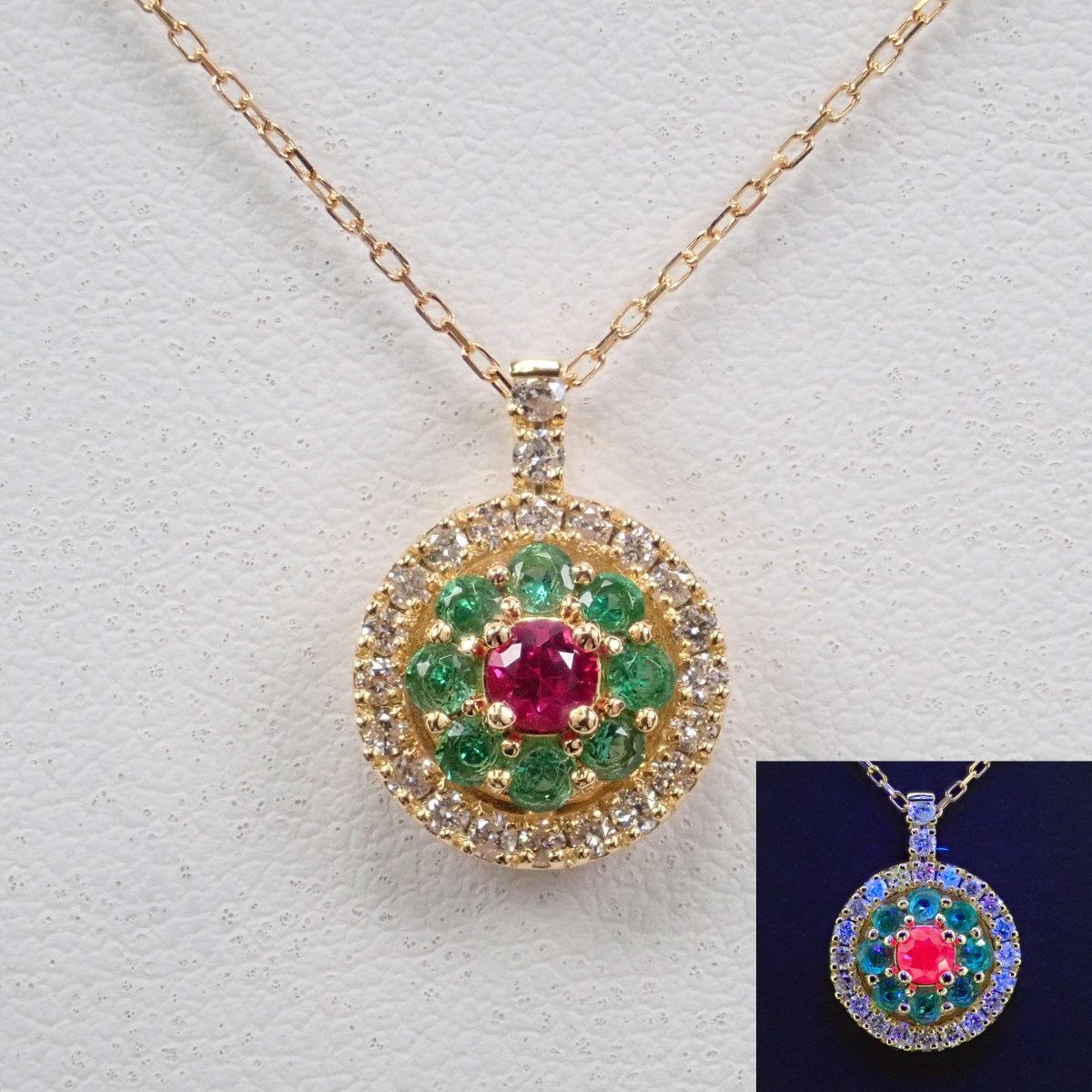 K18ルビー0.12ct・エメラルド・ダイヤモンドペンダント（ネックレス）