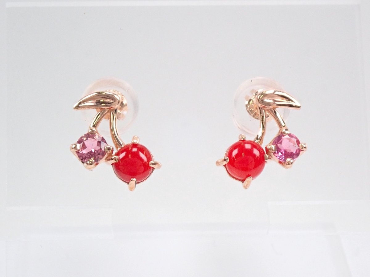 K18血赤珊瑚0.18ct・ピンクトルマリンピアス