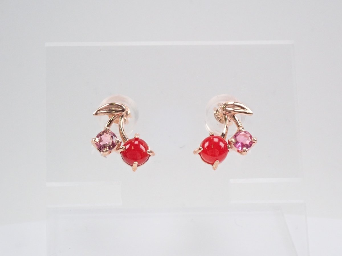 K18血赤珊瑚0.18ct・ピンクトルマリンピアス - カラッツSTORE