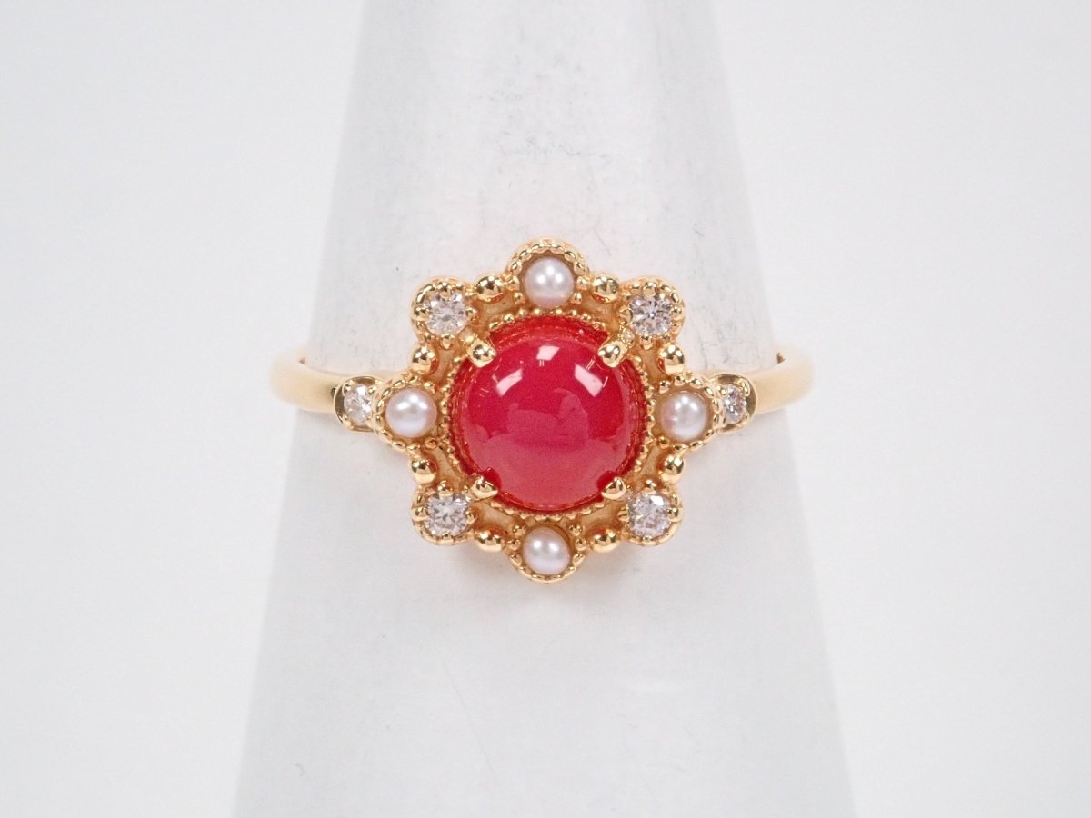 K18 Blood Red Coral 0.81ct Akoya Pearl Ring