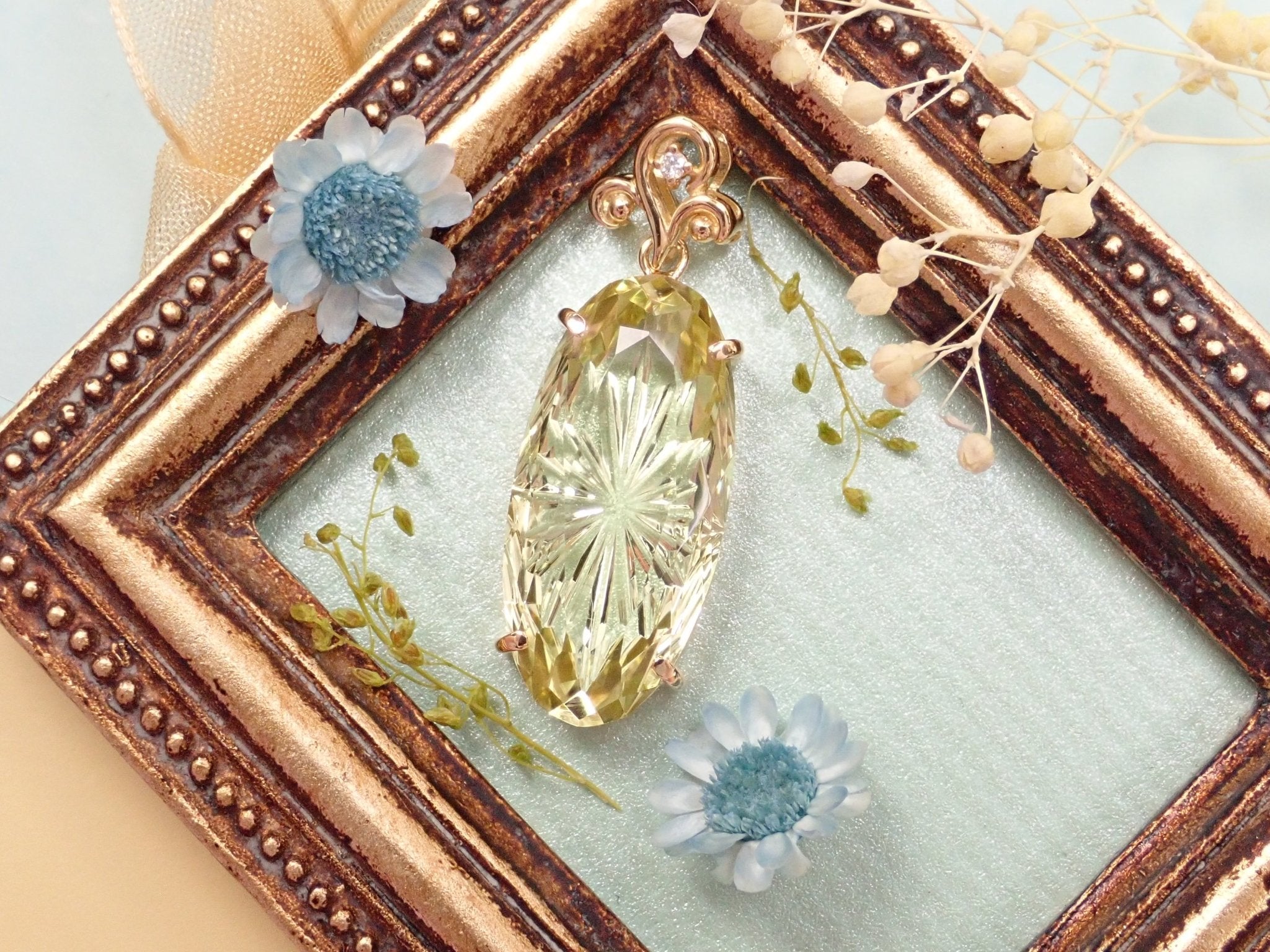 K18レモンクォーツ9.791ct ・ダイヤモンドペンダント(甲州貴石切子) - KARATZ STORE|カラッツSTORE