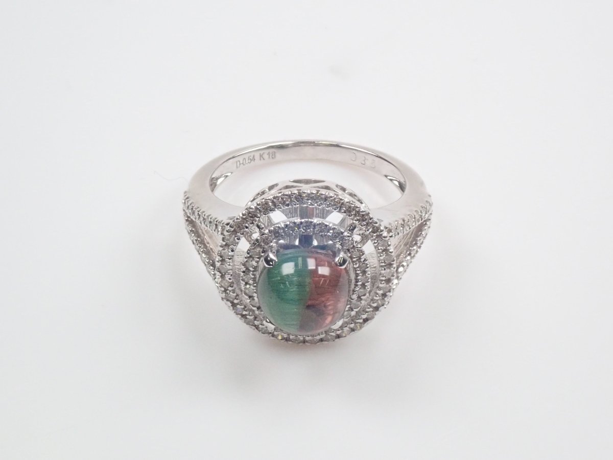 【カラフリ】K18WGバイカラートルマリンキャッツアイ2.80ct・ダイヤモンド0.54ctリング - カラッツSTORE