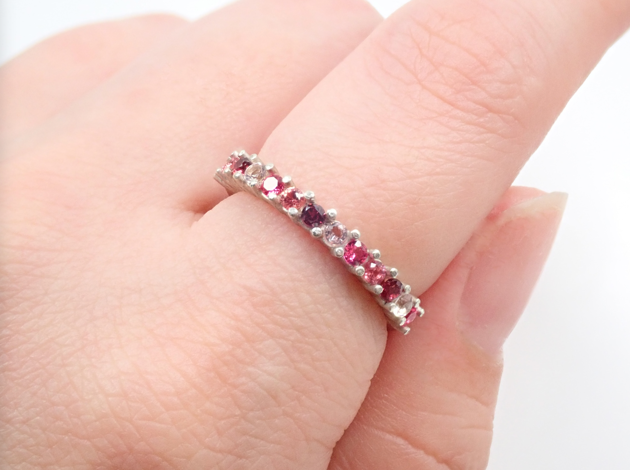 13 Autumn Gemstone Set (Hot Pink Spinel, Padparadscha Color Sapphire, Rhodolite Garnet, Rose Quartz) Half Eternity Ring Set (2.0mm)