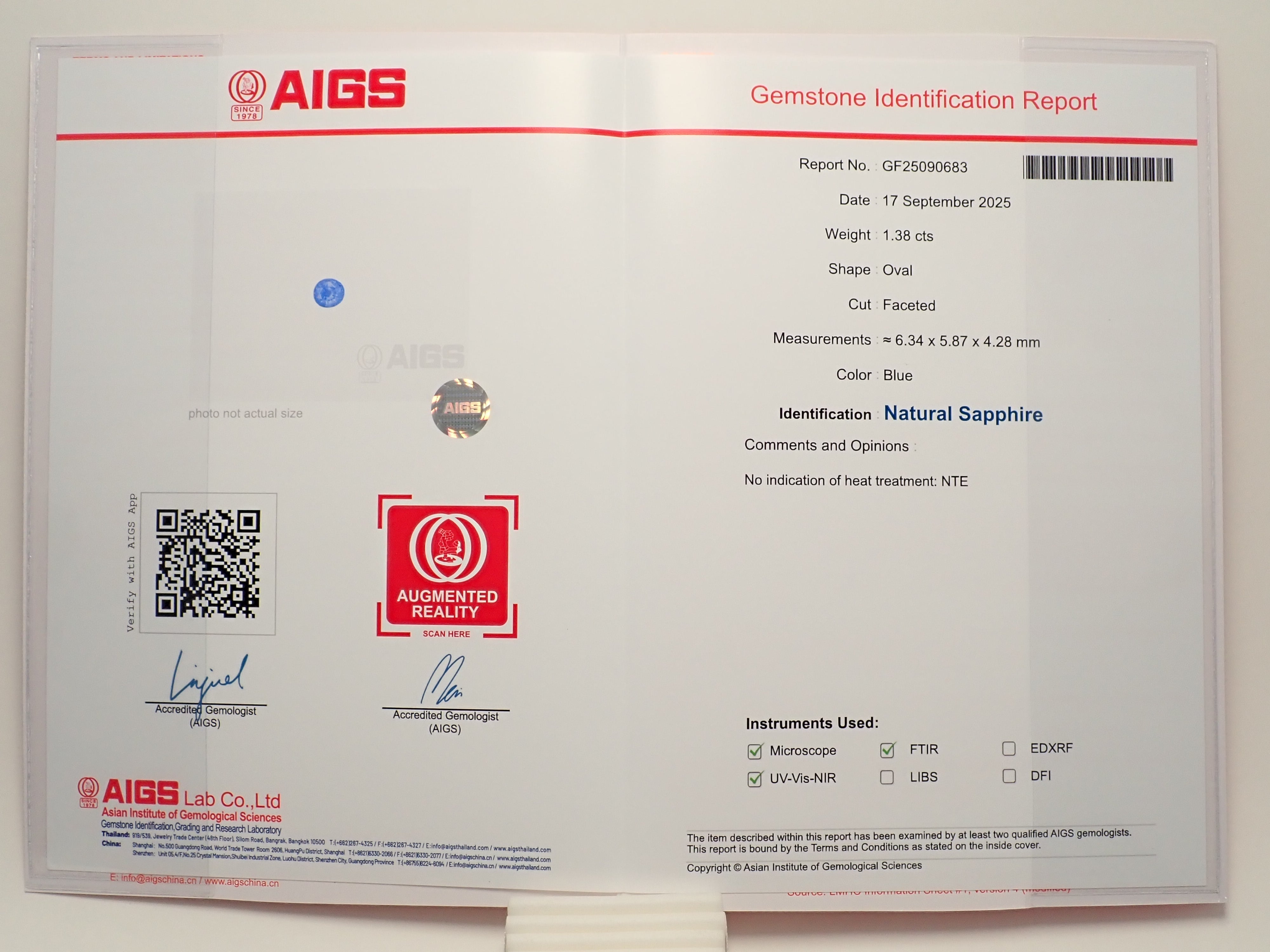 【抽選販売0117_10】マダガスカル産非加熱ブルーサファイア 1.380ctルース AIGS