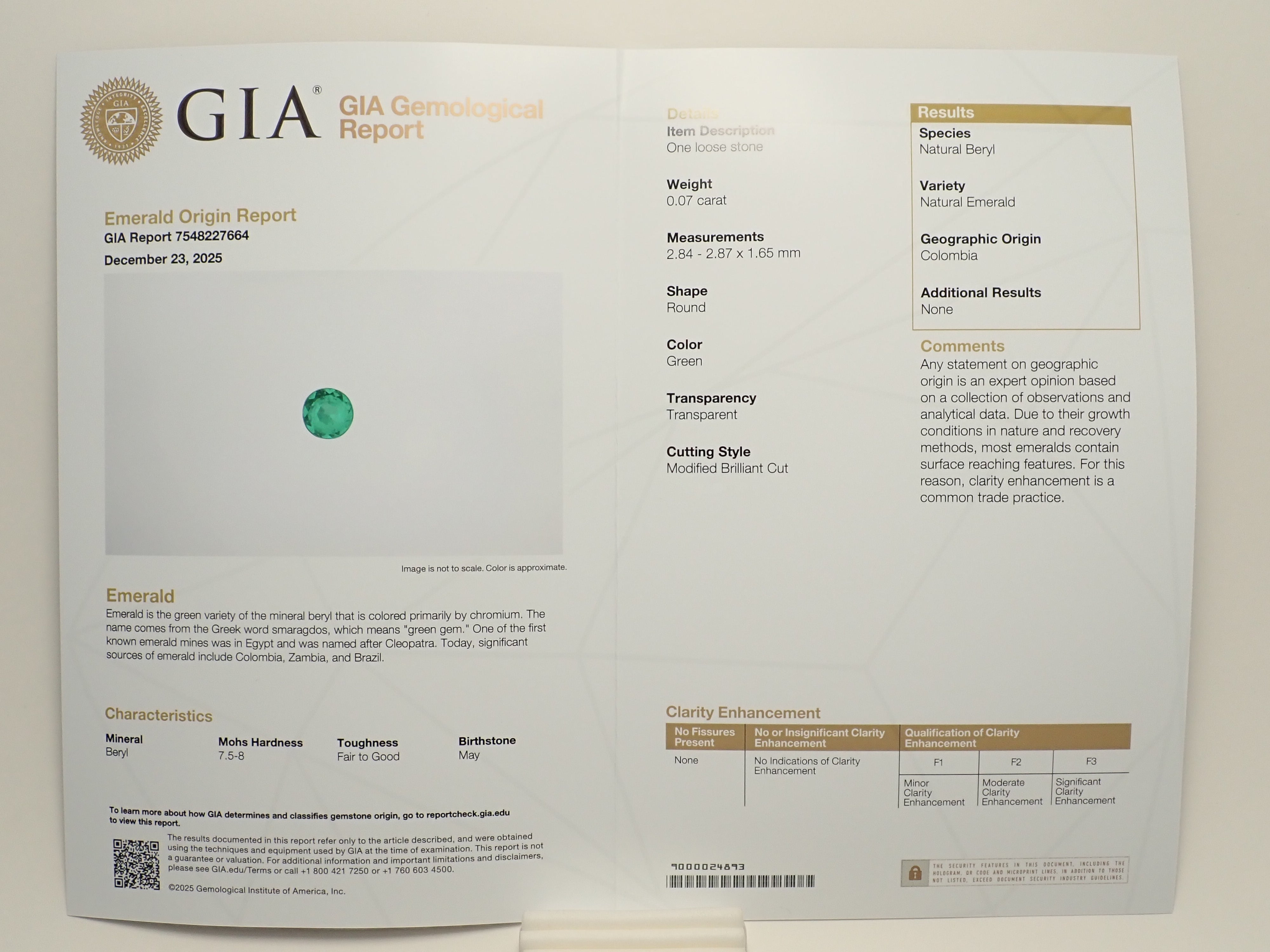 【2/7 22時販売】コロンビア産ノンオイルエメラルド（NONE） 2.8mm/0.070ctルース GIA