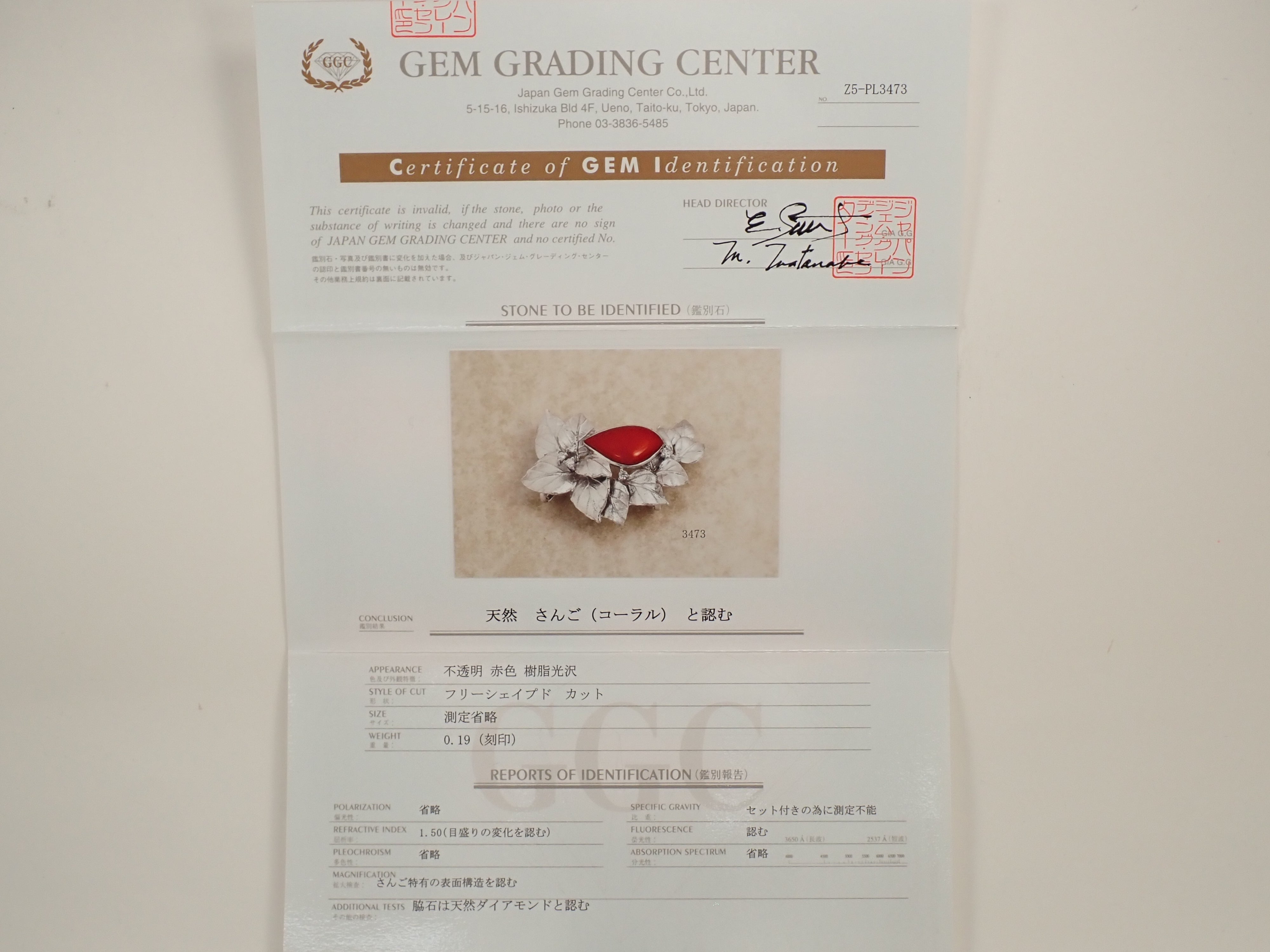 K18WG 血赤珊瑚 0.19ct ブローチ