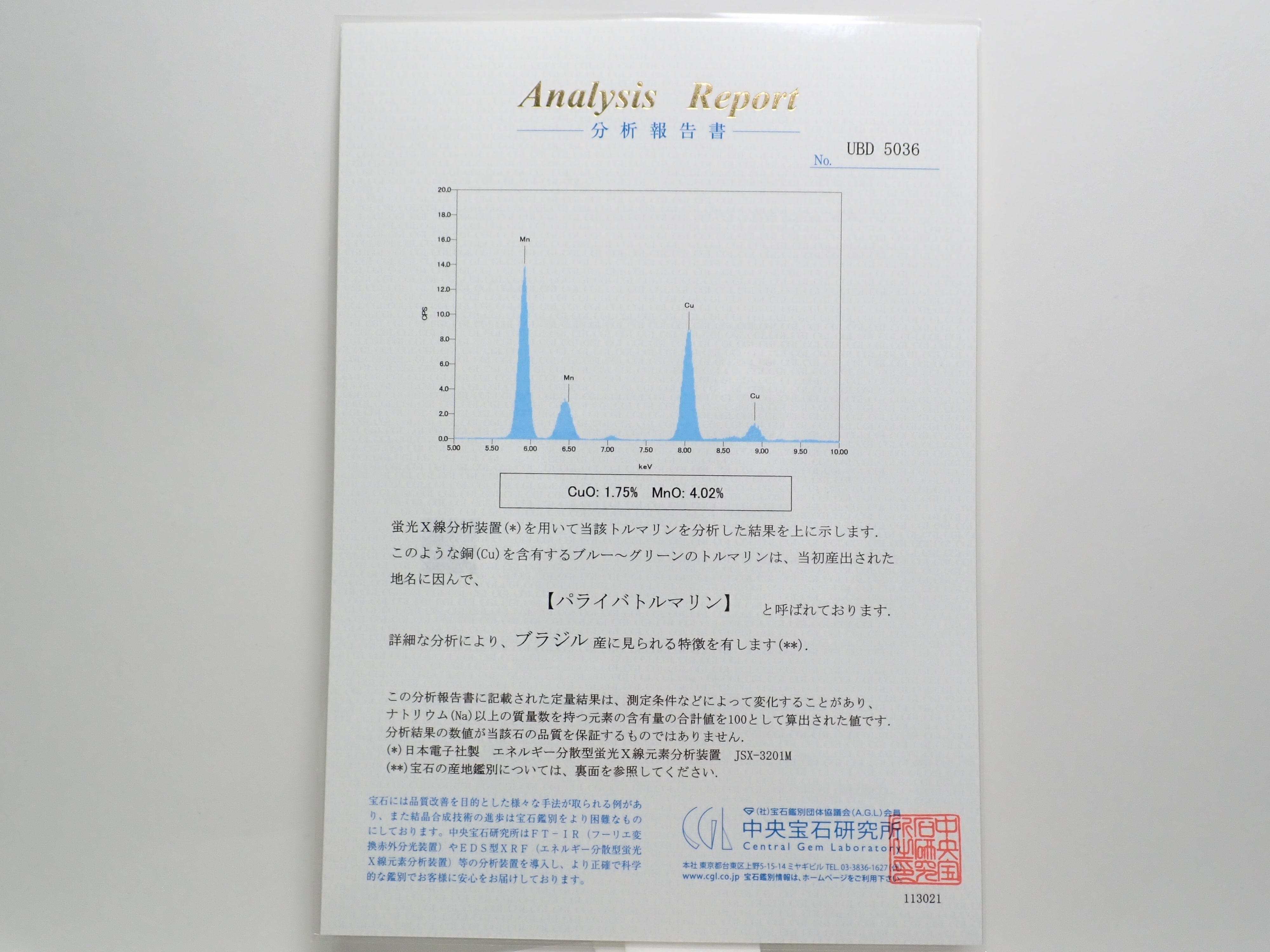 ブラジル産パライバトルマリン 0.270ctルース（CuO:1.75%,MnO:4.02%）中宝鑑