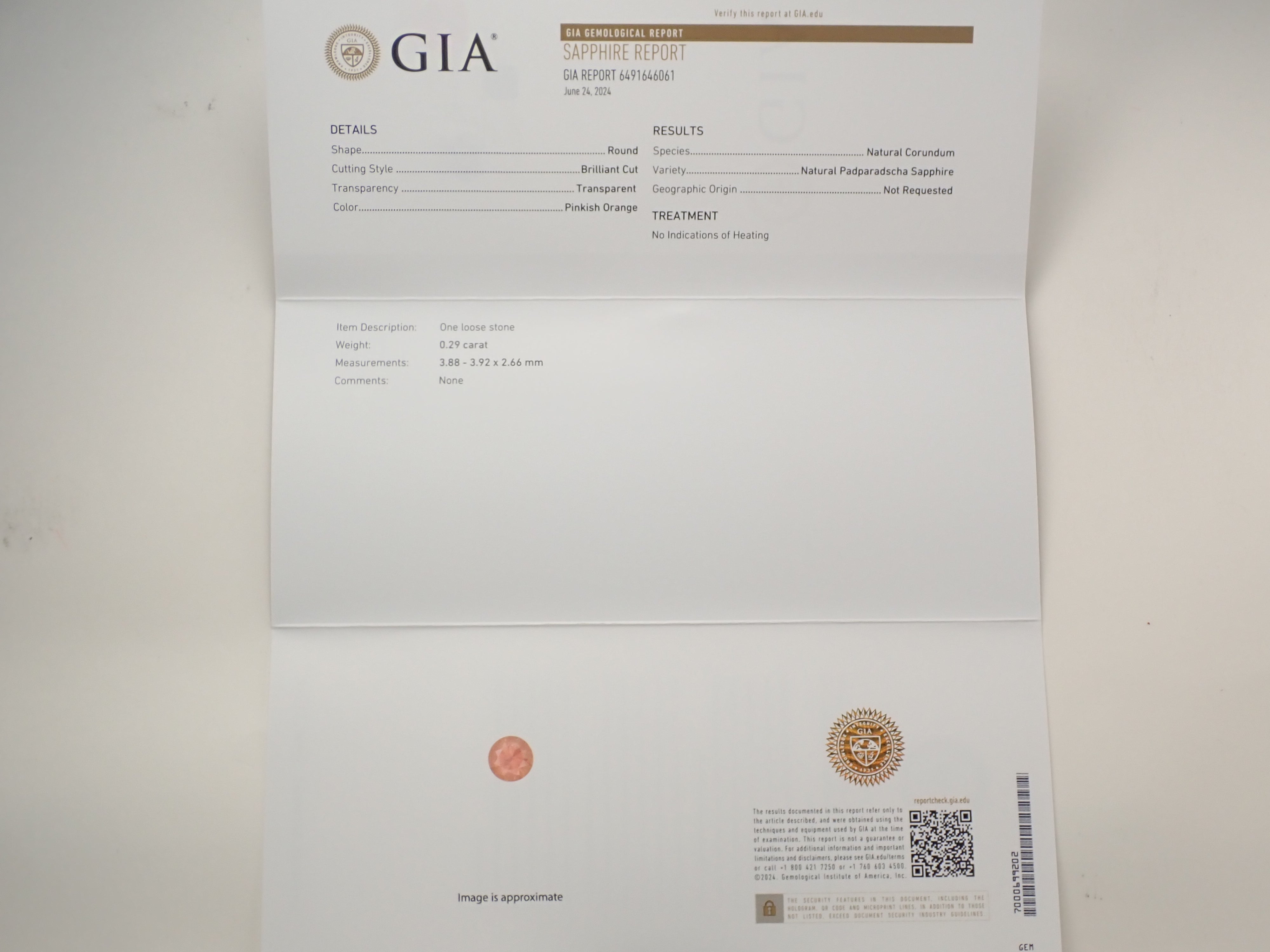 非加熱パパラチアサファイア 3.9mm/0.290ctルース GIA