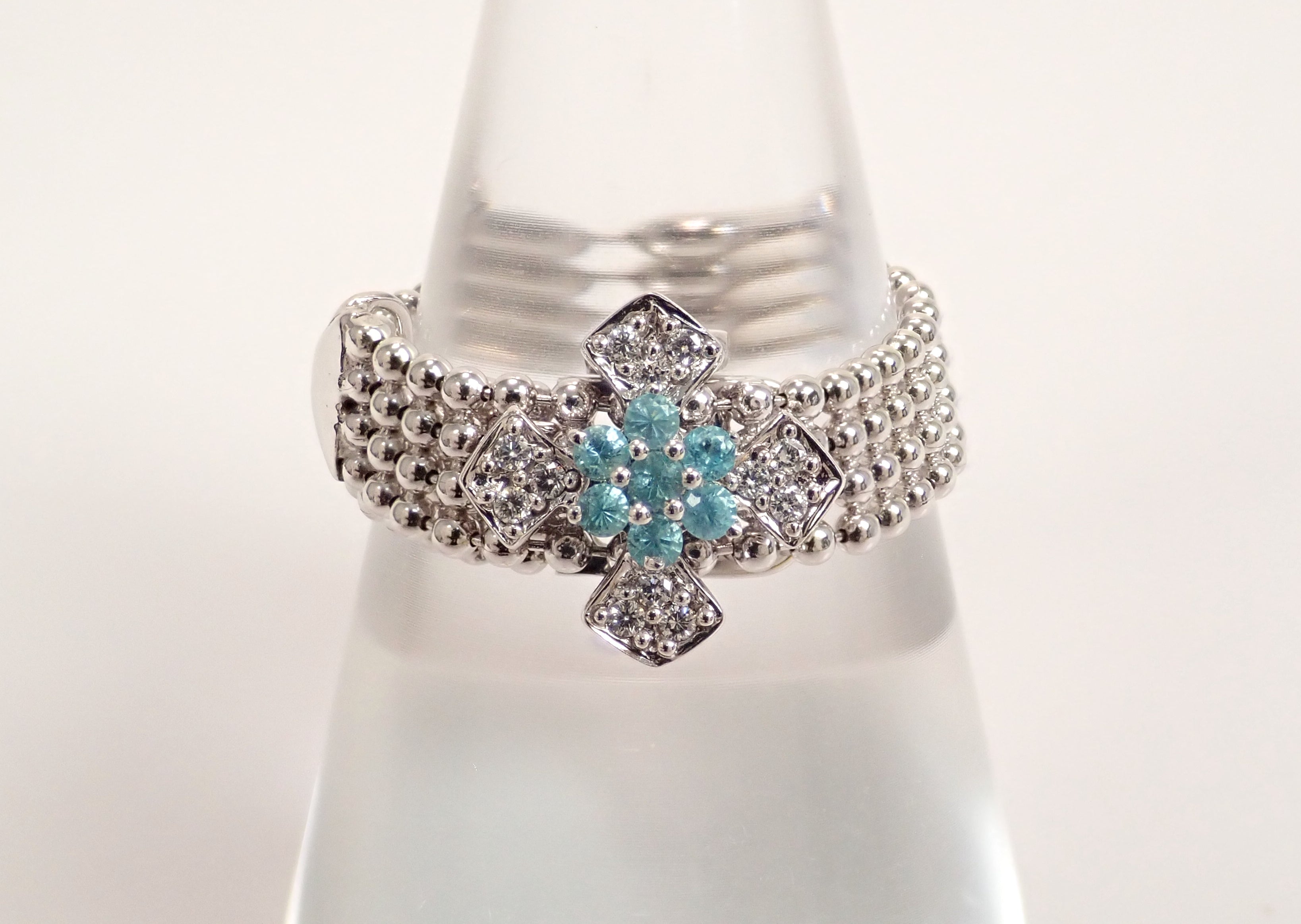 【8/18 22時販売】【カラフリ】K18WG パライバトルマリン 0.09ct・ダイヤモンド0.06ctリング（CuO:1.0%、MnO:0.4%）