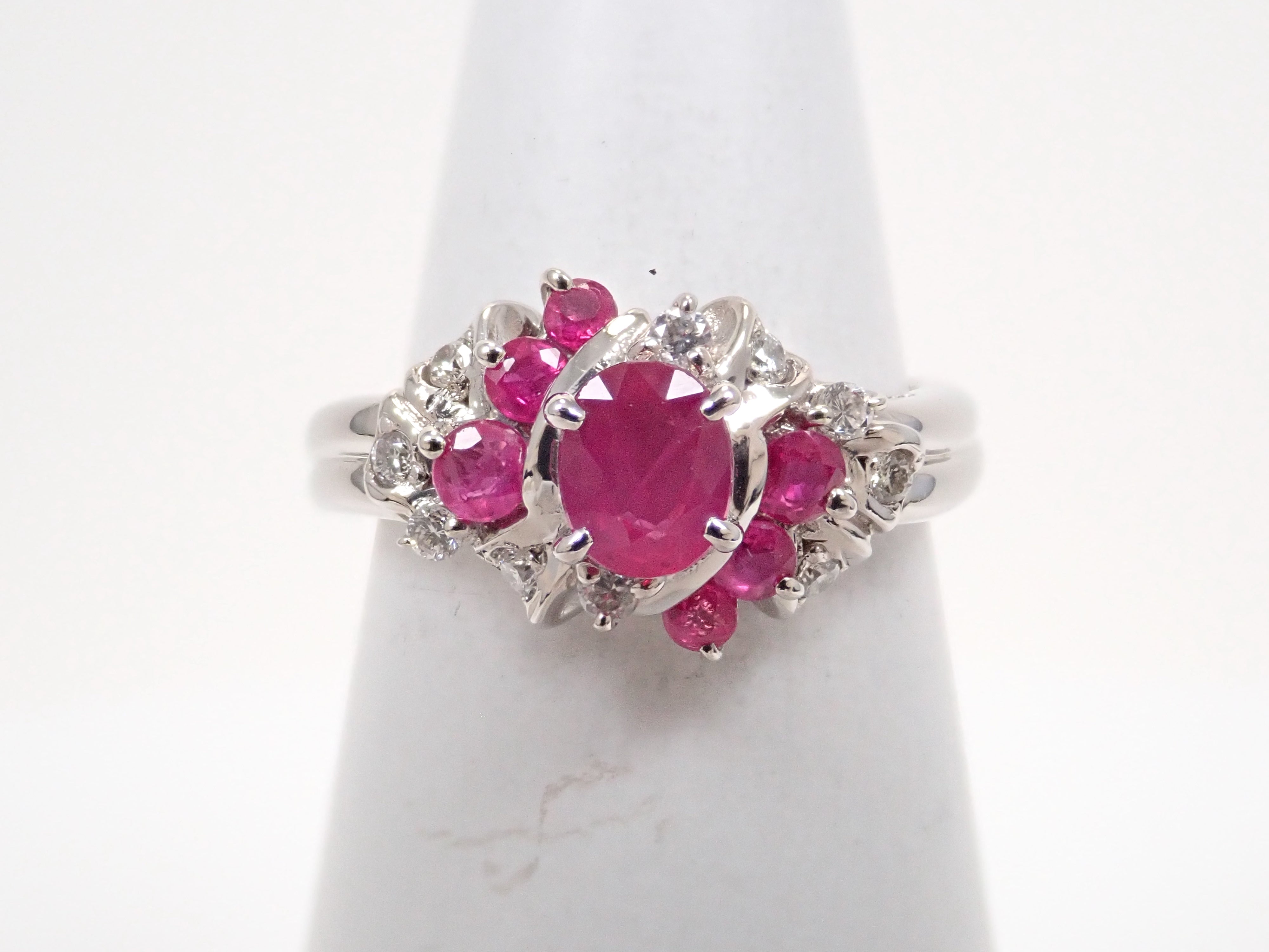 【8/6 22時販売】【カラフリ】Pt850 ルビー 0.85ct・ダイヤモンド0.09ctリング 鑑別書