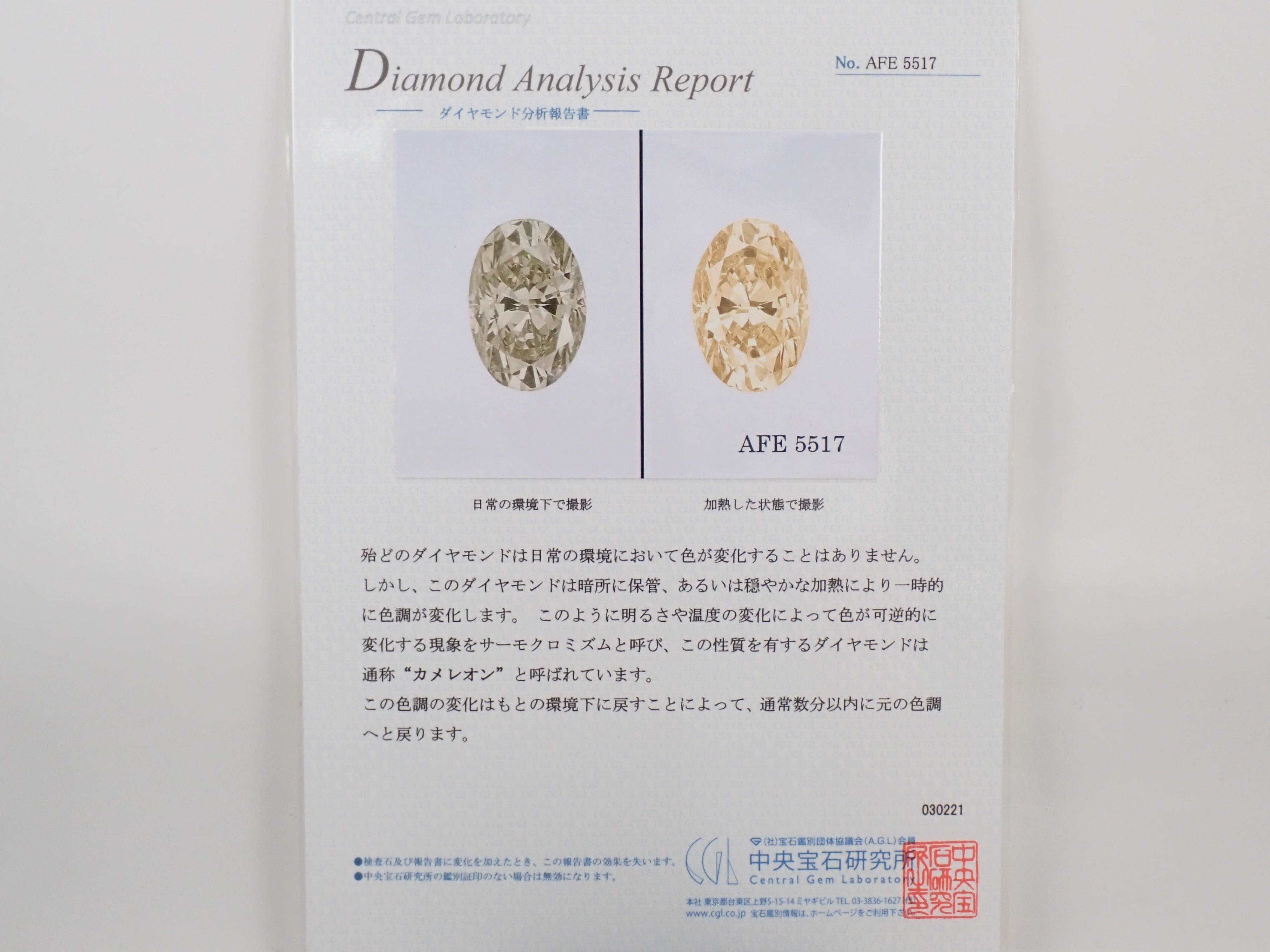 【32501970掲載】カメレオンダイヤモンド 0.255ctルース(FANCY LIGHT GRAYISH GREENISH YELLOW（カメレオン）, SI-2)
