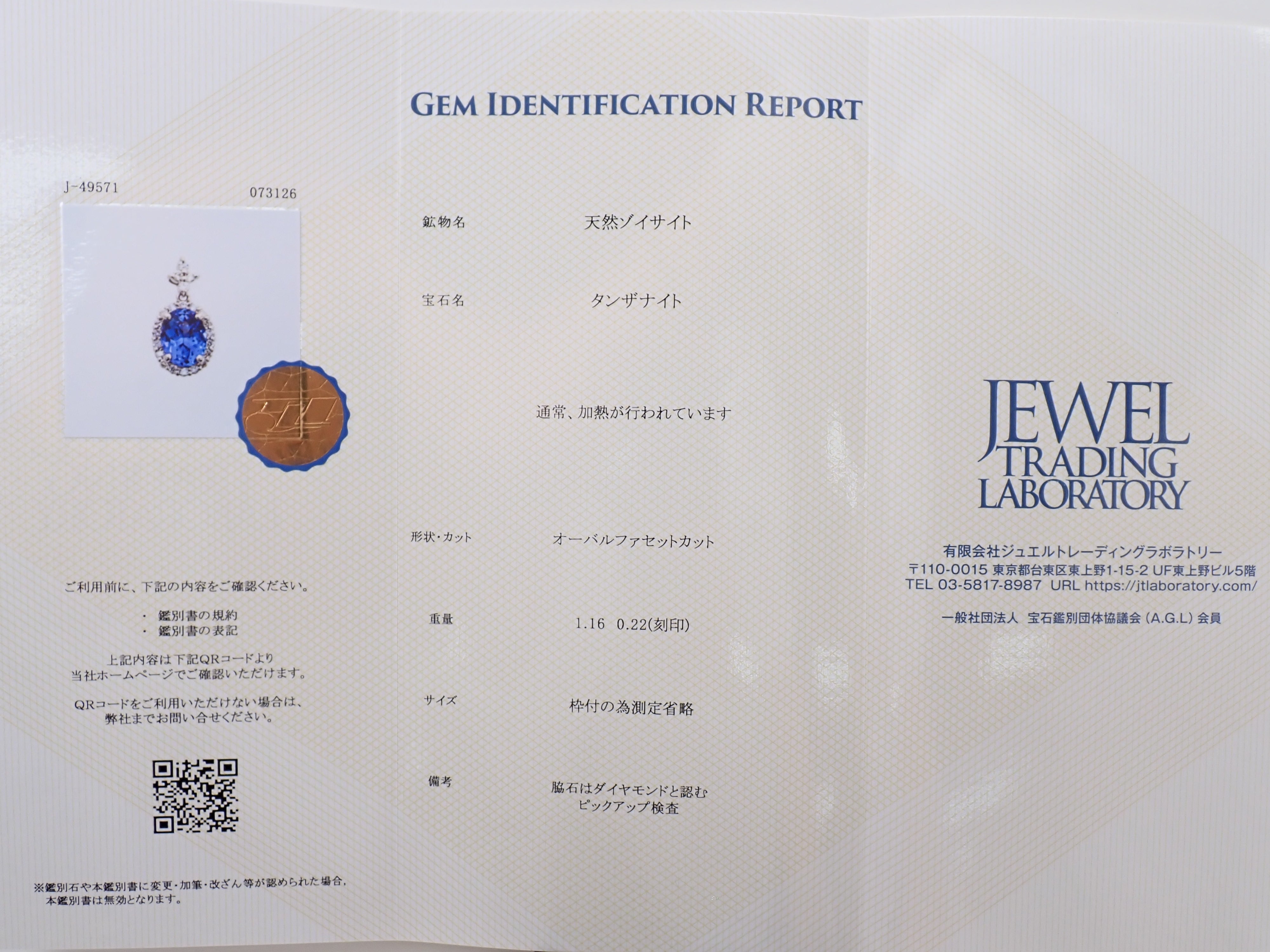 【抽選販売0812_07】Pt900 タンザニア産タンザナイト 1.16ct ・ダイヤモンド0.22ctペンダントトップ（ネックレストップ）鑑別書