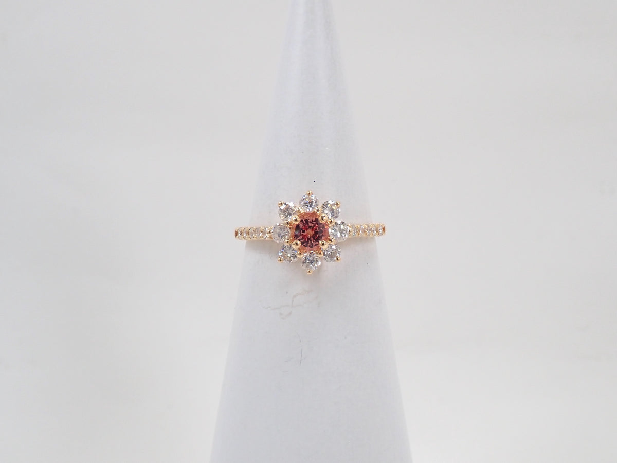 【9/6 22時販売】K18 マダガスカル産パパラチアサファイア 4.3mm/0.412ct・ダイヤモンド0.57ctリング 中宝鑑