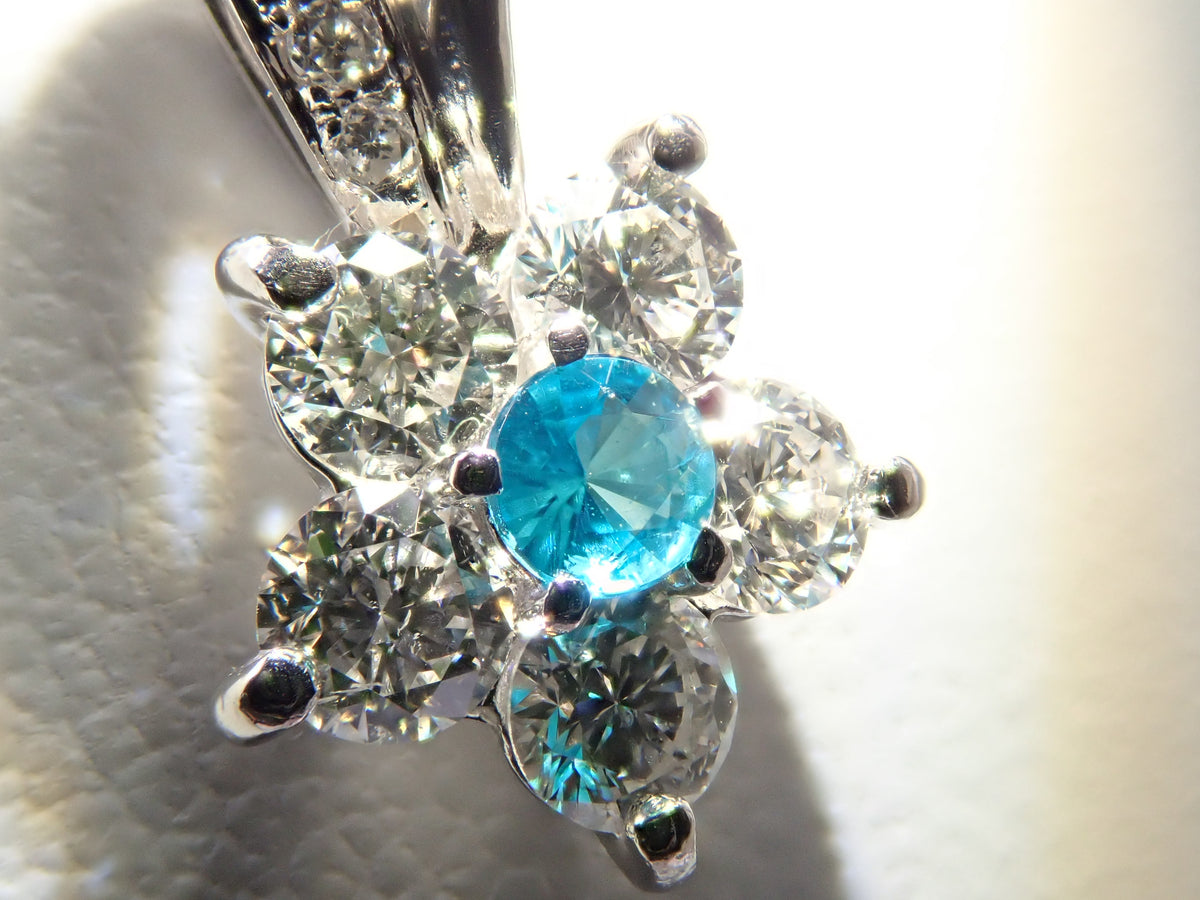 【9/20 22時販売】【カラフリ】Pt900/Pt850 ブラジル産パライバトルマリン 0.08ct（CuO:2.0%、MnO:1.1%）・ダイヤモンド 0.56ctペンダント（ネックレス）鑑別書　