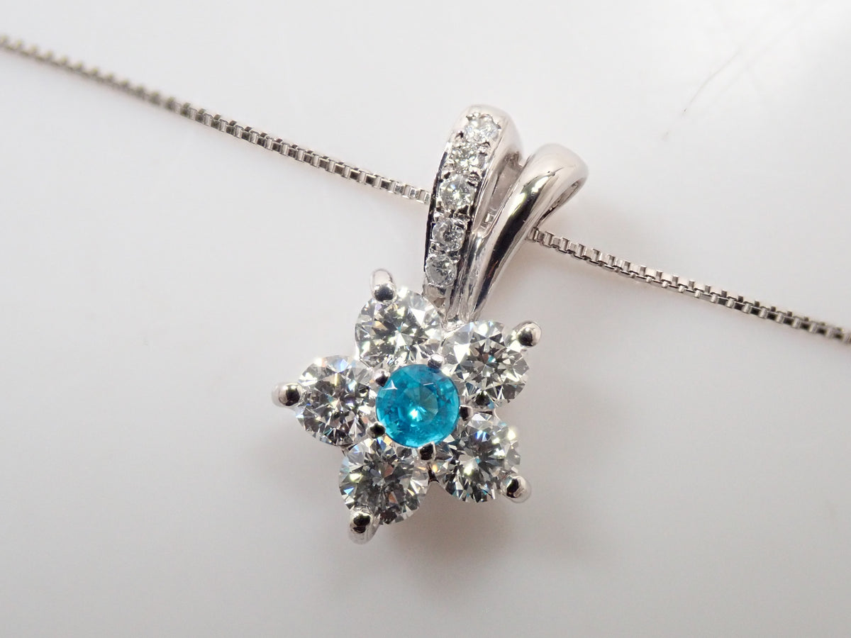 【9/20 22時販売】【カラフリ】Pt900/Pt850 ブラジル産パライバトルマリン 0.08ct（CuO:2.0%、MnO:1.1%）・ダイヤモンド 0.56ctペンダント（ネックレス）鑑別書　