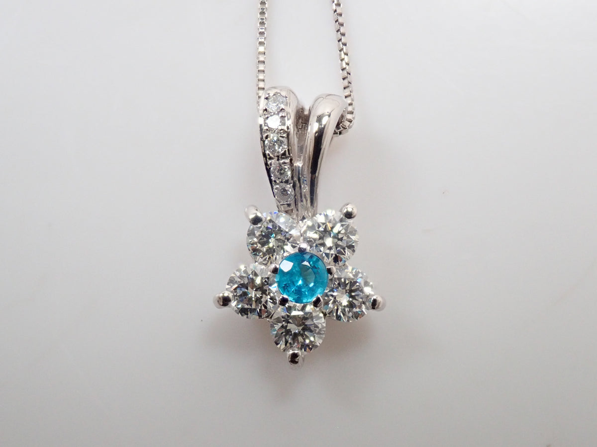 【9/20 22時販売】【カラフリ】Pt900/Pt850 ブラジル産パライバトルマリン 0.08ct（CuO:2.0%、MnO:1.1%）・ダイヤモンド 0.56ctペンダント（ネックレス）鑑別書　