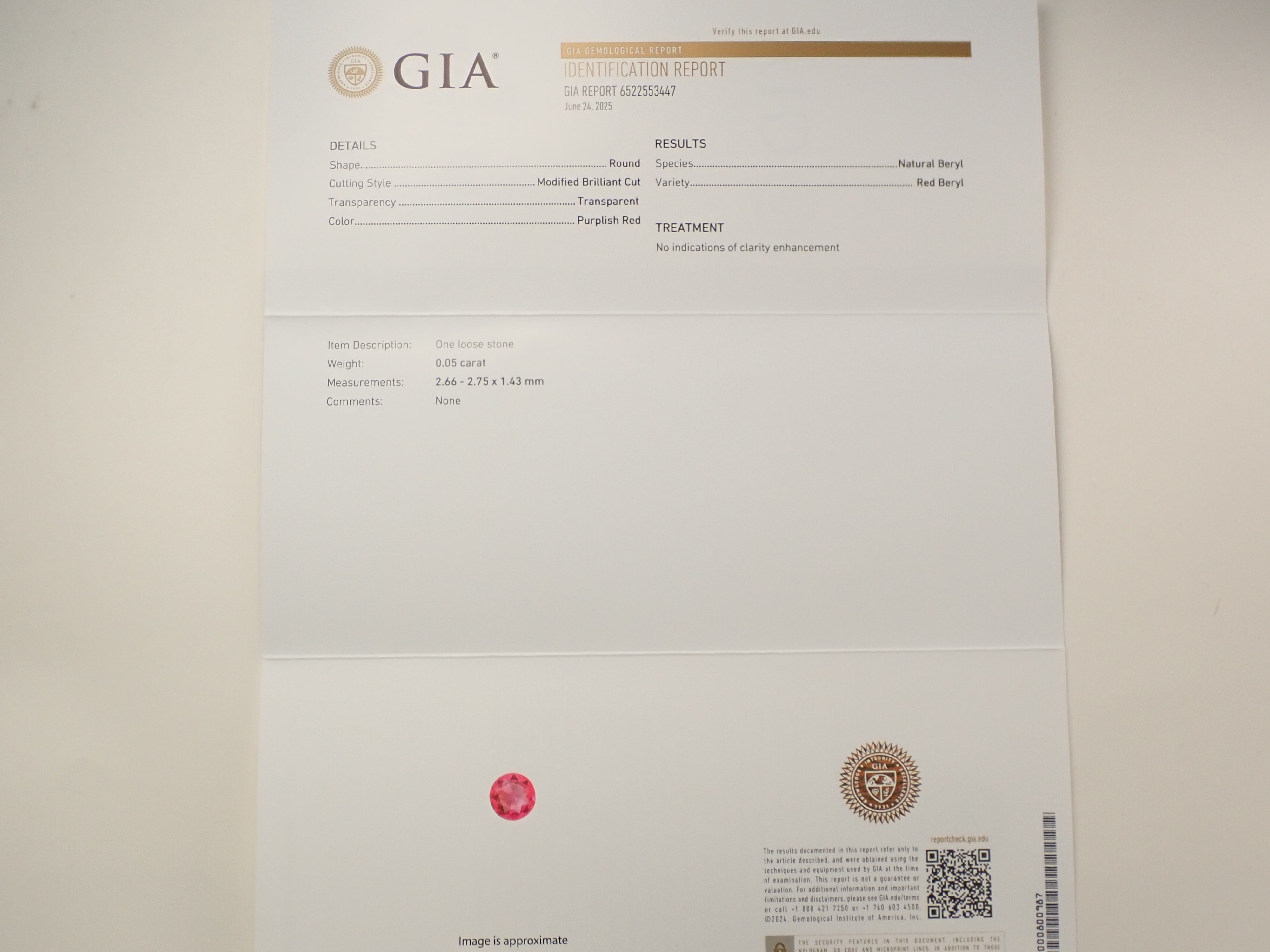 【12560391掲載】ノンオイルレッドベリル 0.050ctルース