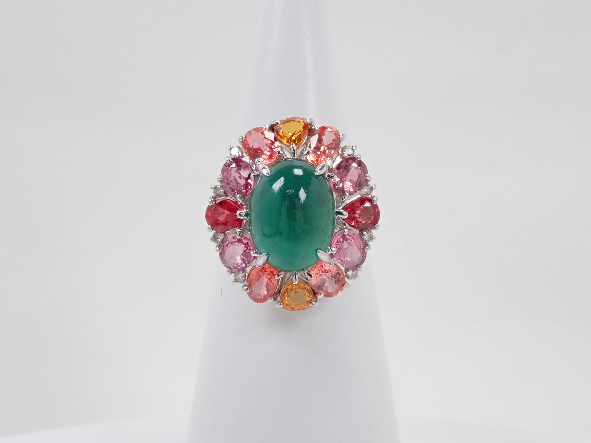 【9/24 22時販売】【カラフリ】Pt900 エメラルド 5.33ct サファイア4.52ct、ダイヤモンド0.12ctリング 宝貴協