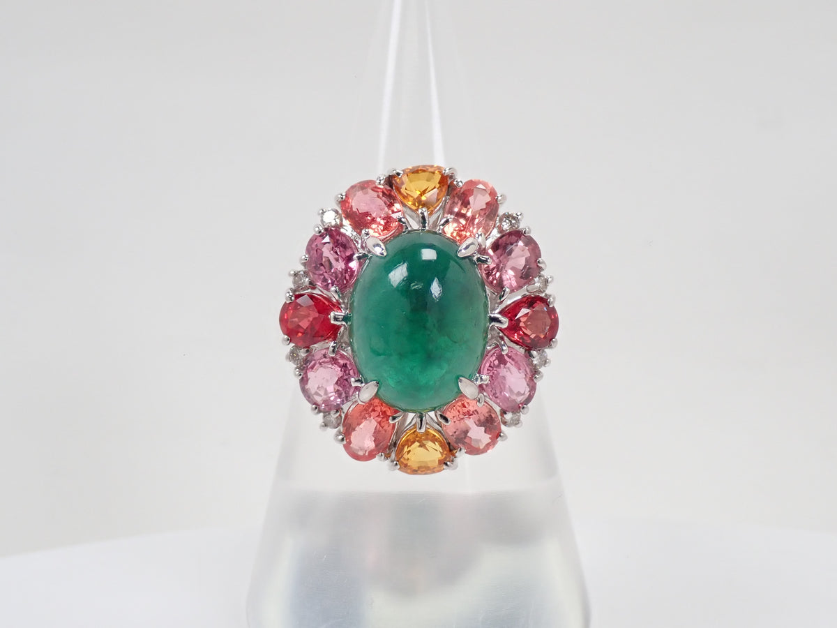 【9/24 22時販売】【カラフリ】Pt900 エメラルド 5.33ct サファイア4.52ct、ダイヤモンド0.12ctリング 宝貴協