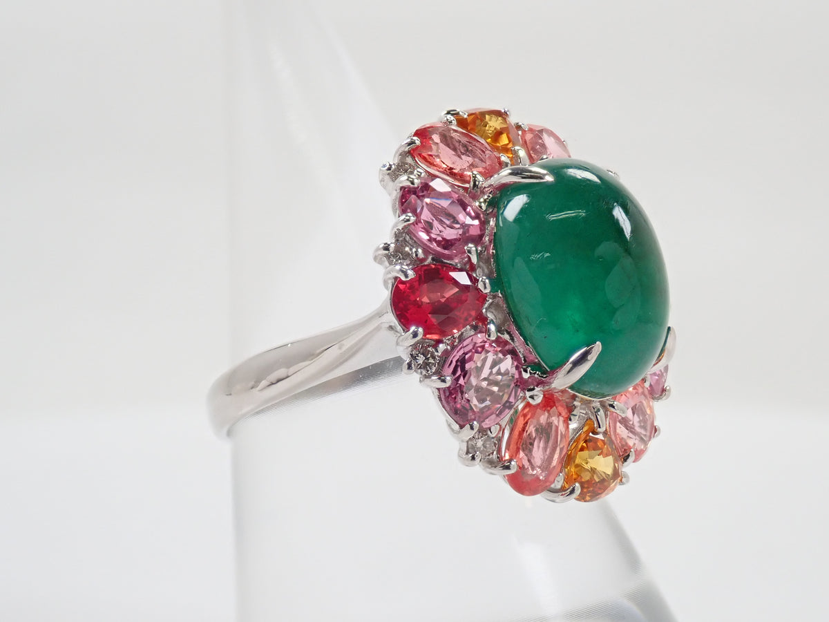 【9/24 22時販売】【カラフリ】Pt900 エメラルド 5.33ct サファイア4.52ct、ダイヤモンド0.12ctリング 宝貴協
