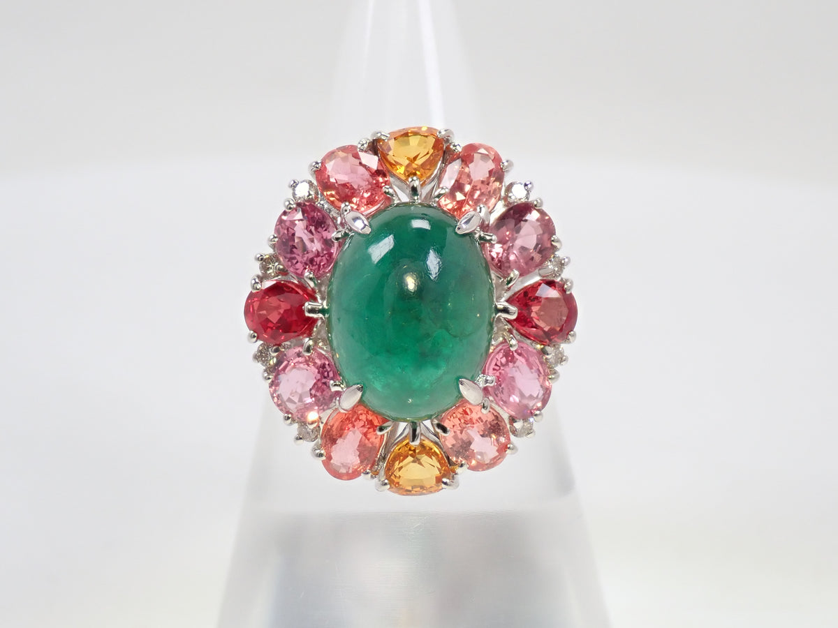 【9/24 22時販売】【カラフリ】Pt900 エメラルド 5.33ct サファイア4.52ct、ダイヤモンド0.12ctリング 宝貴協