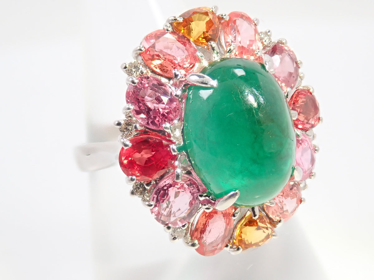 【9/24 22時販売】【カラフリ】Pt900 エメラルド 5.33ct サファイア4.52ct、ダイヤモンド0.12ctリング 宝貴協