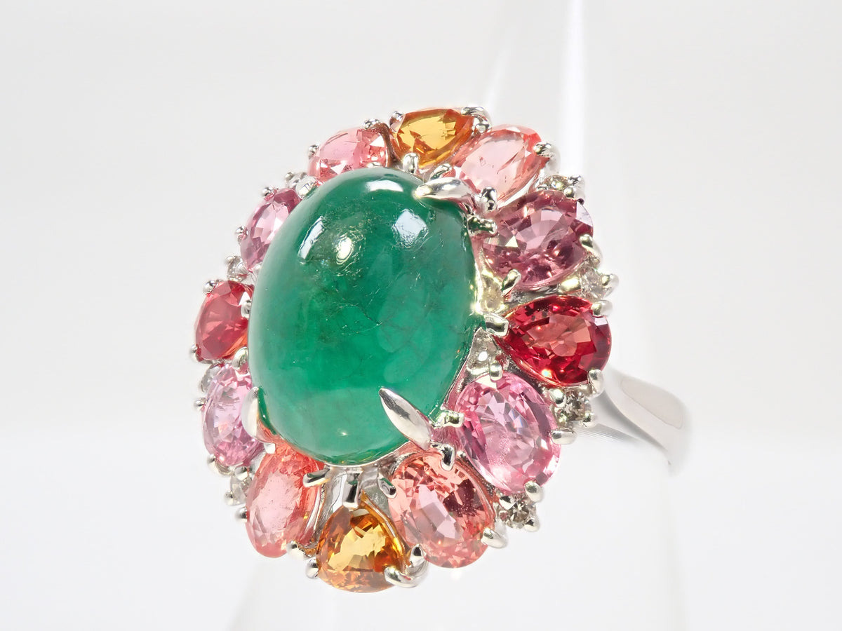 【9/24 22時販売】【カラフリ】Pt900 エメラルド 5.33ct サファイア4.52ct、ダイヤモンド0.12ctリング 宝貴協