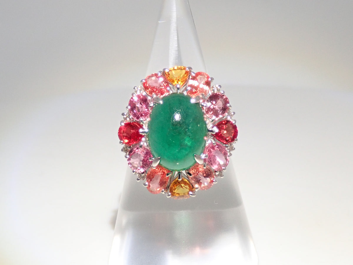 【9/24 22時販売】【カラフリ】Pt900 エメラルド 5.33ct サファイア4.52ct、ダイヤモンド0.12ctリング 宝貴協