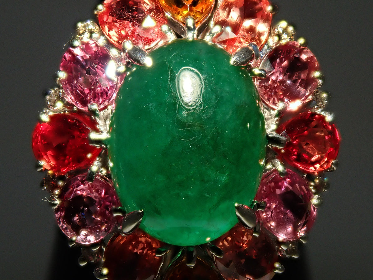 【9/24 22時販売】【カラフリ】Pt900 エメラルド 5.33ct サファイア4.52ct、ダイヤモンド0.12ctリング 宝貴協
