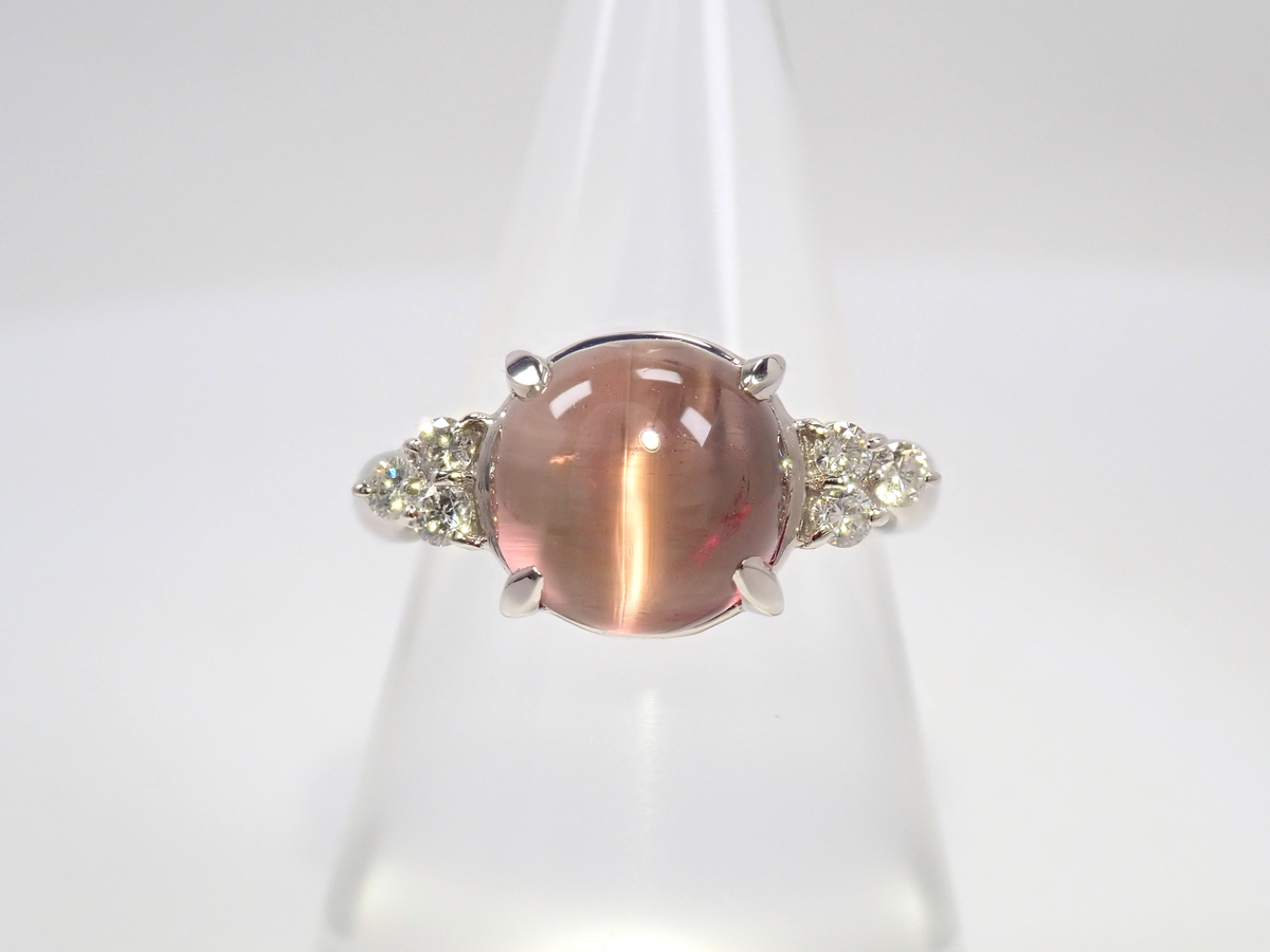 【9/18 22時販売】【カラフリ】Pt900 トルマリンキャッツアイ 4.598ct ダイヤモンド0.20ctリング