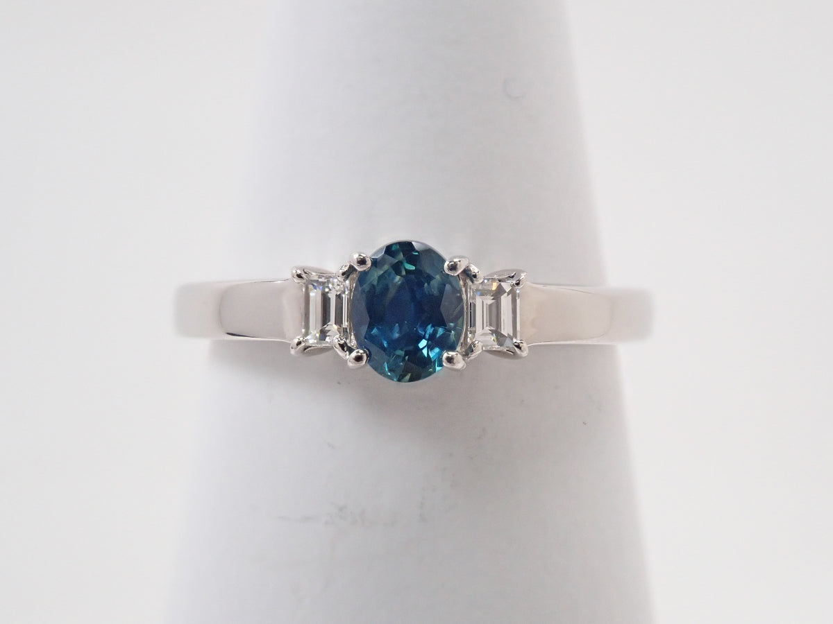 【9/24 22時販売】【カラフリ】Pt900 ティールグリーンサファイア 0.46ct ダイヤモンド0.10ctリング鑑別書
