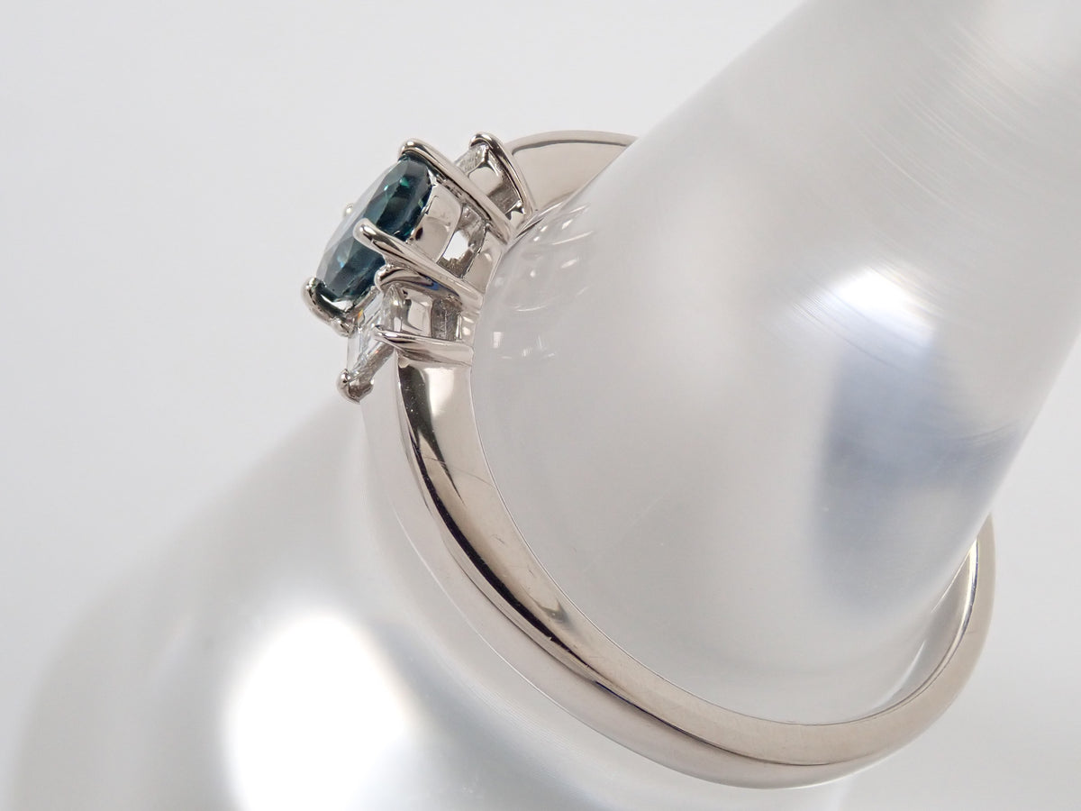 【9/24 22時販売】【カラフリ】Pt900 ティールグリーンサファイア 0.46ct ダイヤモンド0.10ctリング鑑別書