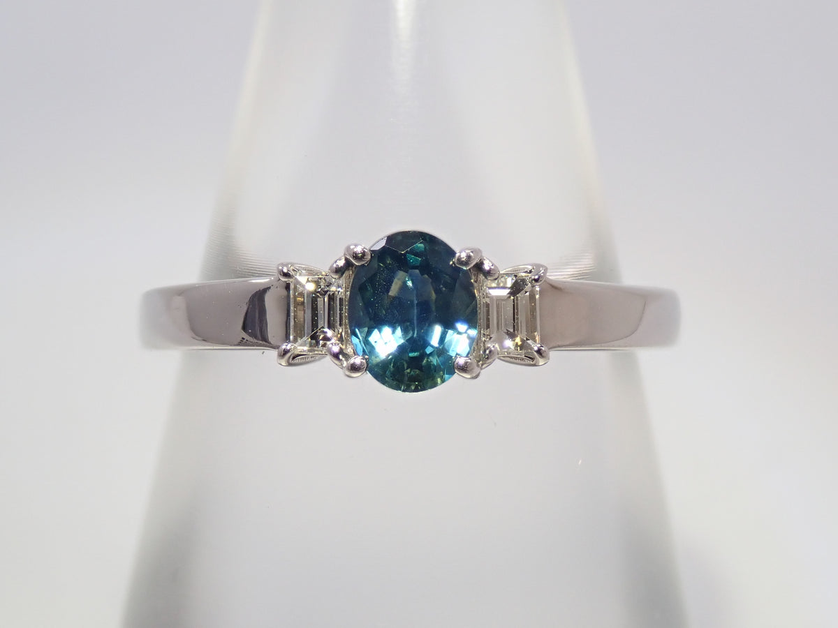 【9/24 22時販売】【カラフリ】Pt900 ティールグリーンサファイア 0.46ct ダイヤモンド0.10ctリング鑑別書