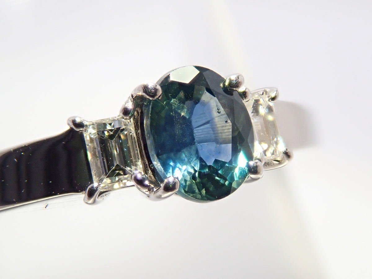 【9/24 22時販売】【カラフリ】Pt900 ティールグリーンサファイア 0.46ct ダイヤモンド0.10ctリング鑑別書