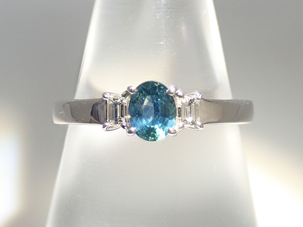 【9/24 22時販売】【カラフリ】Pt900 ティールグリーンサファイア 0.46ct ダイヤモンド0.10ctリング鑑別書