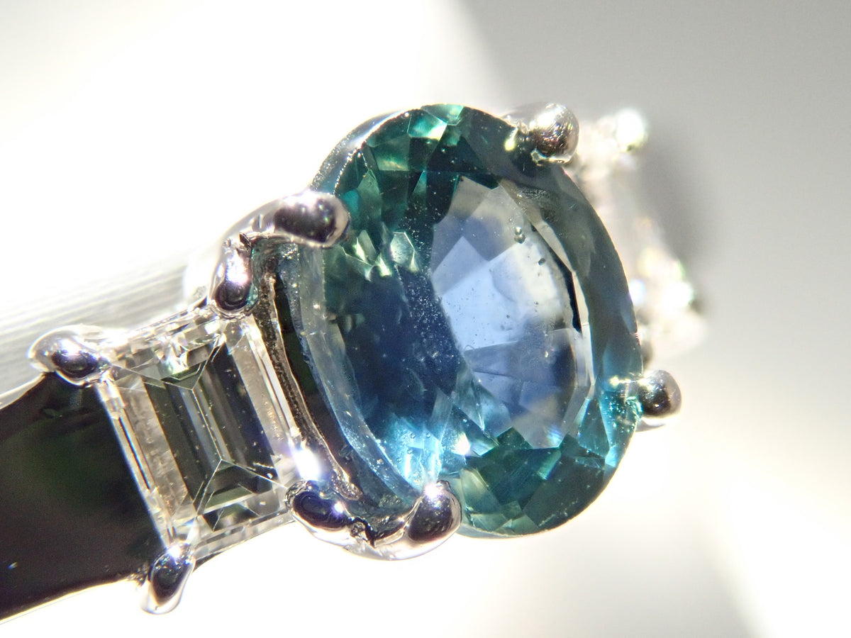 【9/24 22時販売】【カラフリ】Pt900 ティールグリーンサファイア 0.46ct ダイヤモンド0.10ctリング鑑別書