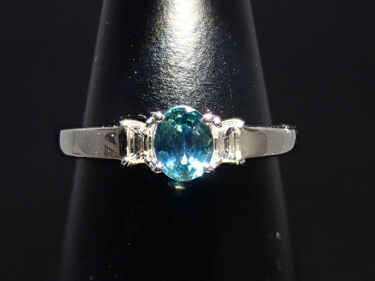 【9/24 22時販売】【カラフリ】Pt900 ティールグリーンサファイア 0.46ct ダイヤモンド0.10ctリング鑑別書