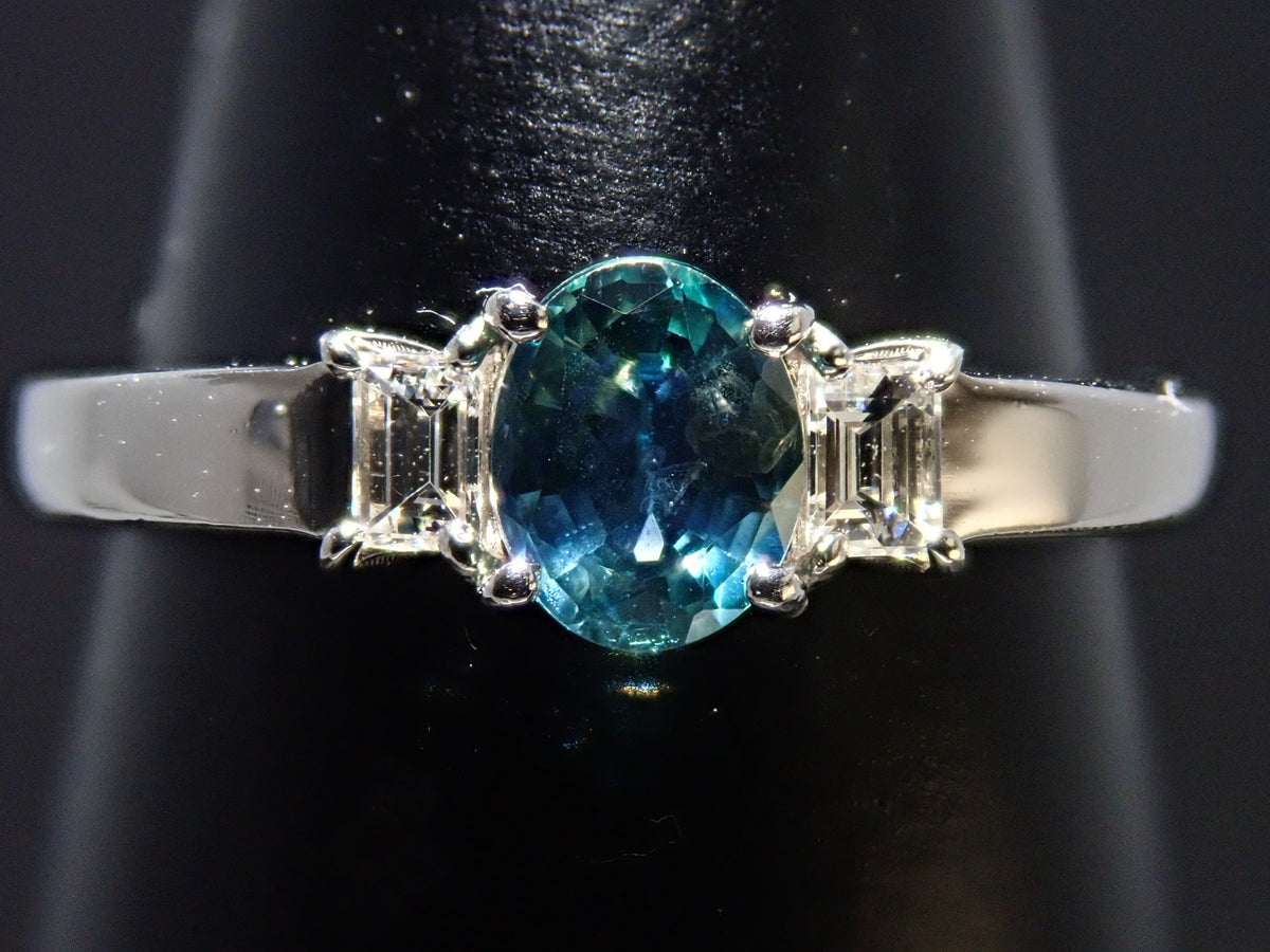 【9/24 22時販売】【カラフリ】Pt900 ティールグリーンサファイア 0.46ct ダイヤモンド0.10ctリング鑑別書