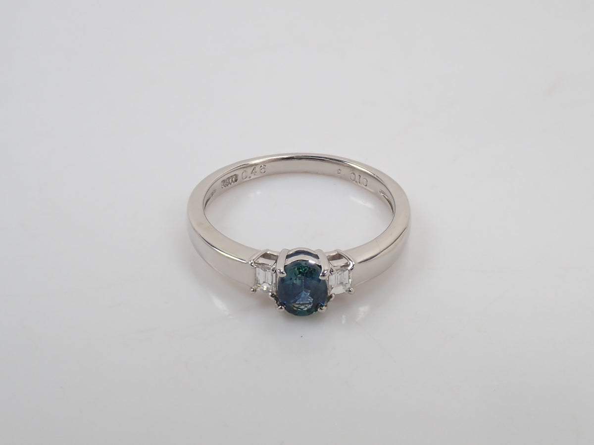 【9/24 22時販売】【カラフリ】Pt900 ティールグリーンサファイア 0.46ct ダイヤモンド0.10ctリング鑑別書
