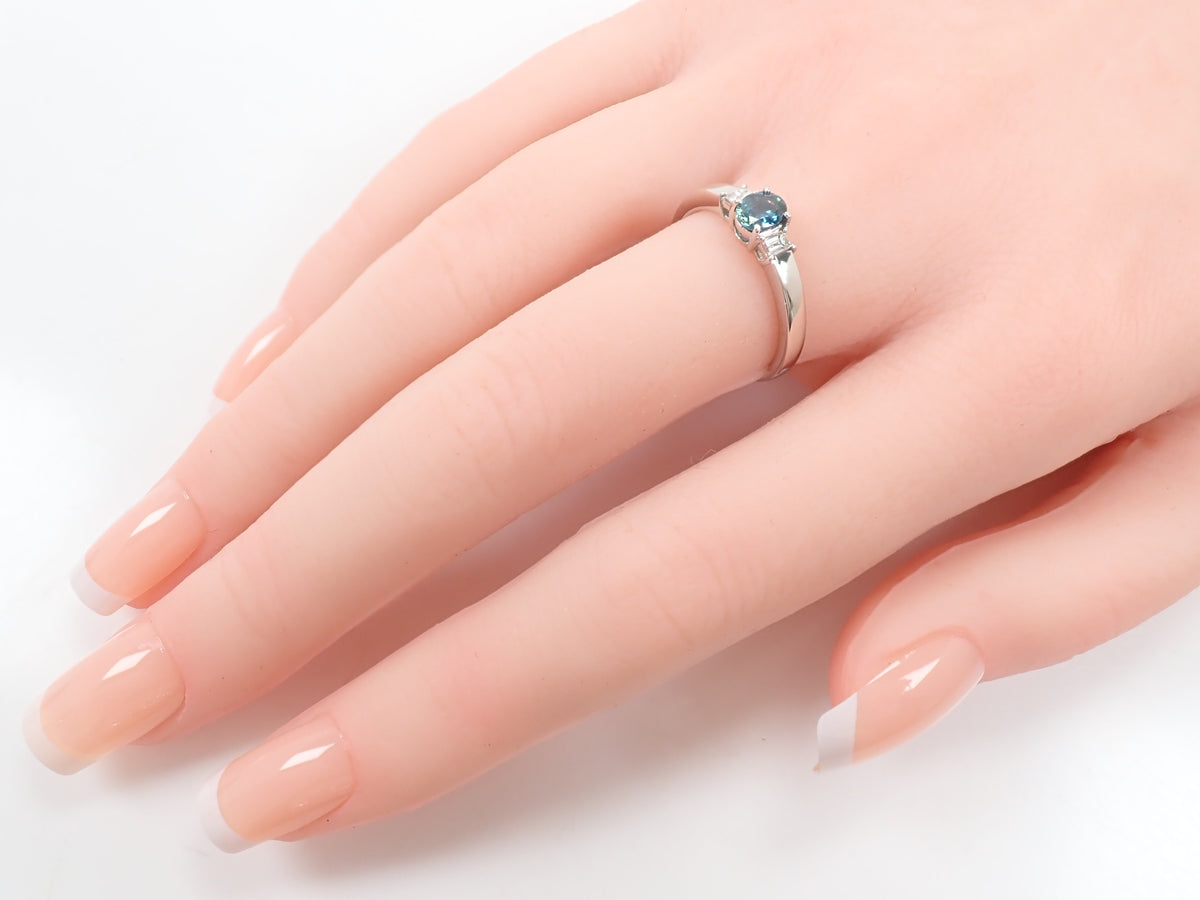【9/24 22時販売】【カラフリ】Pt900 ティールグリーンサファイア 0.46ct ダイヤモンド0.10ctリング鑑別書