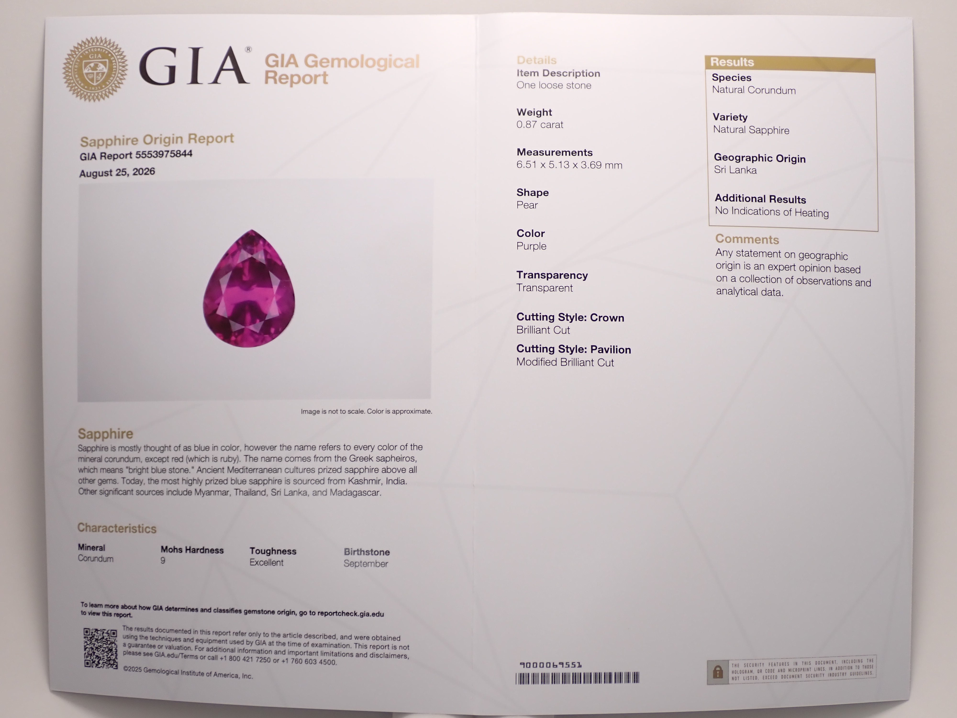 スリランカ産非加熱パープルサファイア 0.870ctルース GIA