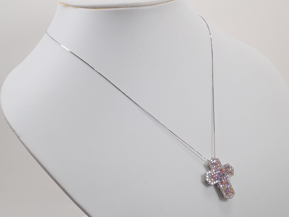 K18WG マルチカラーサファイア0.83ct・ダイヤモンド0.70ct 3WAYクロスペンダント（ネックレス）鑑別書