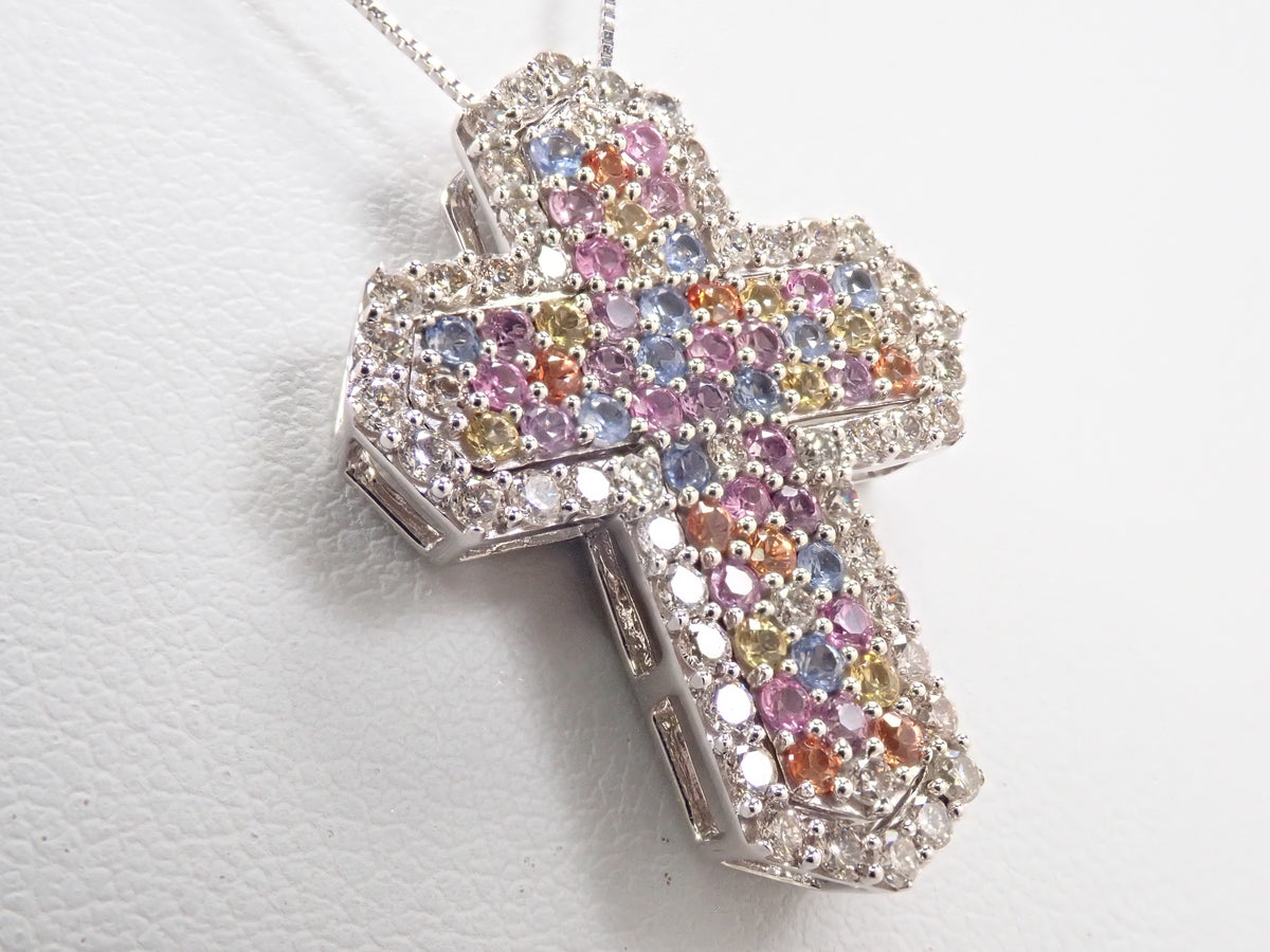 K18WG マルチカラーサファイア0.83ct・ダイヤモンド0.70ct 3WAYクロスペンダント（ネックレス）鑑別書