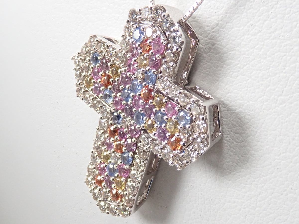 K18WG マルチカラーサファイア0.83ct・ダイヤモンド0.70ct 3WAYクロスペンダント（ネックレス）鑑別書